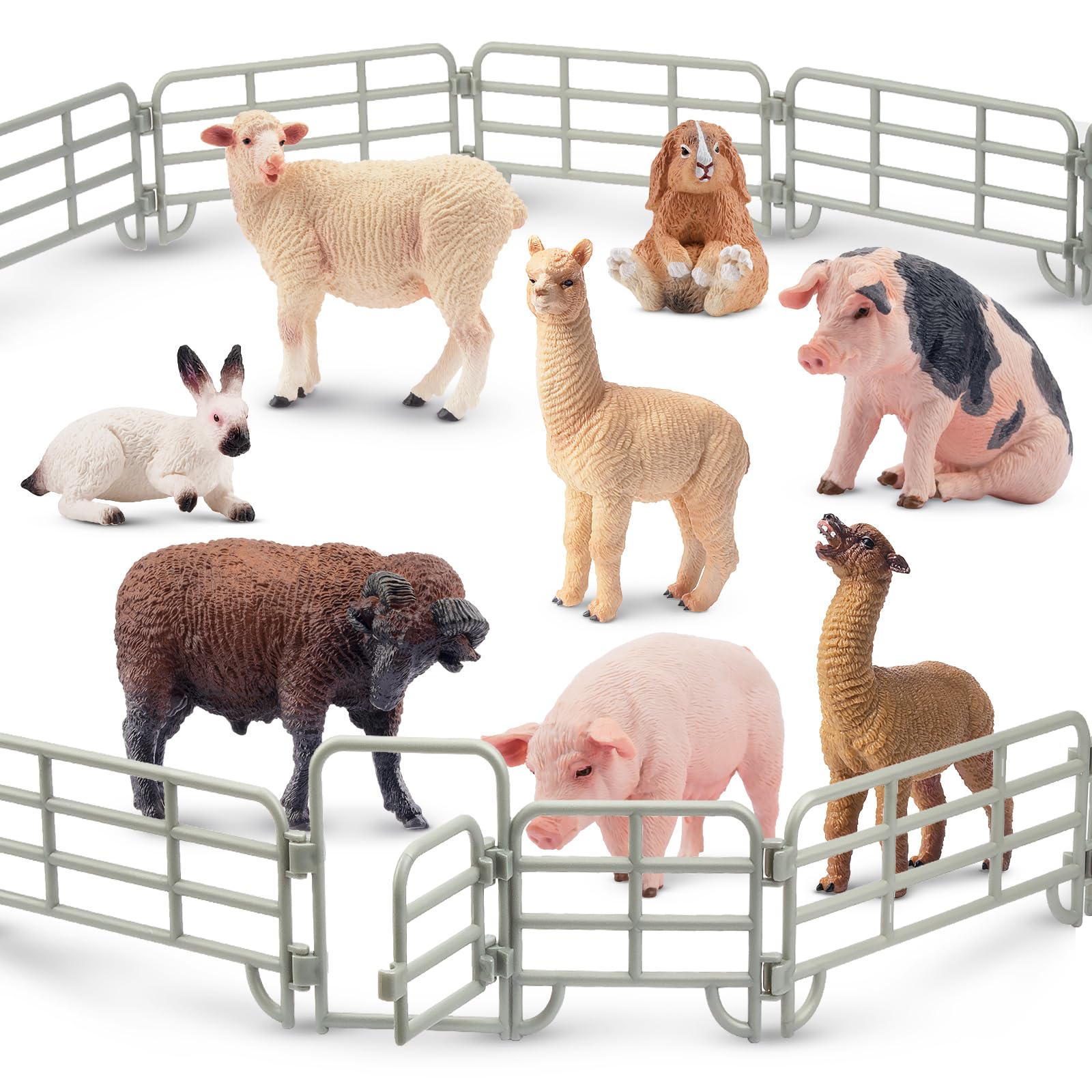 Realistic 17PCS Farm Animal Figurines Set with Fence, Includes Pigs, Sheeps, Alpaca and Rabbits Figures, Educational Toy Easter Bunny Figures Cake Toppers Birthday Gift for Kids Toddlers