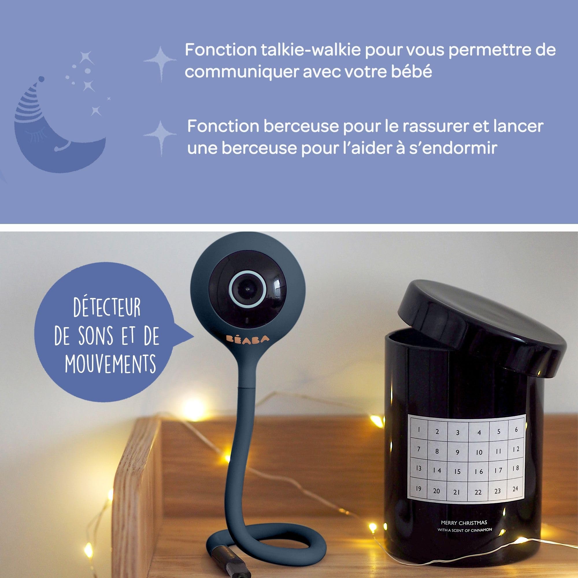 Béaba, Ecoute Bébé Vidéo, Babyphone Zen Connect, Caméra Full HD 1090p, Talkie-Walkie, Longue Portée, Connexion Mobile et WiFi, Berceuses, Tige Flexible, Night Blue