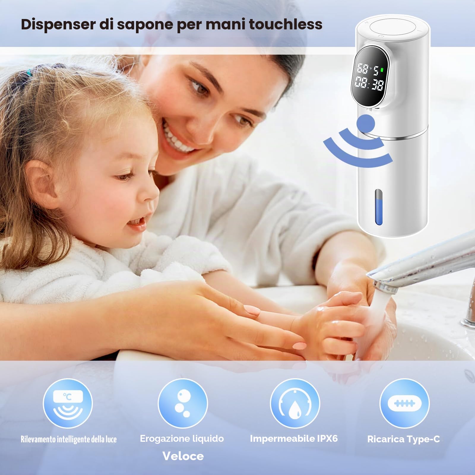 BigKing Dispenser di sapone automatico bianco elettrico senza contatto sensore a infrarossi 5 livelli di schiuma USB Type-C 3000mAh batteria IPX6 impermeabile design moderno cucina bagno idea regalo