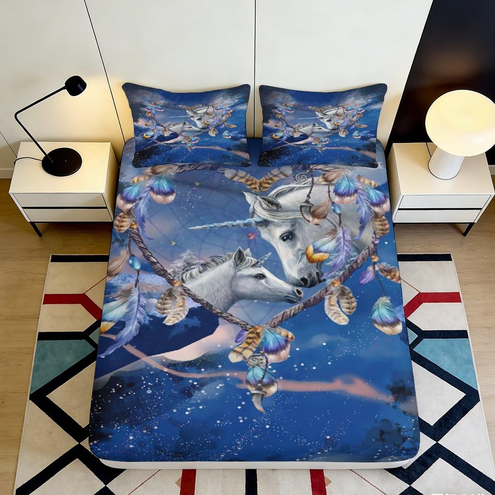 3D Printed Dreamcatcher Unicorn Fitted Sheet Microfiber Blue Fantasy Bed Cover for Bedroom Guest Room Decor 90x200x25cm