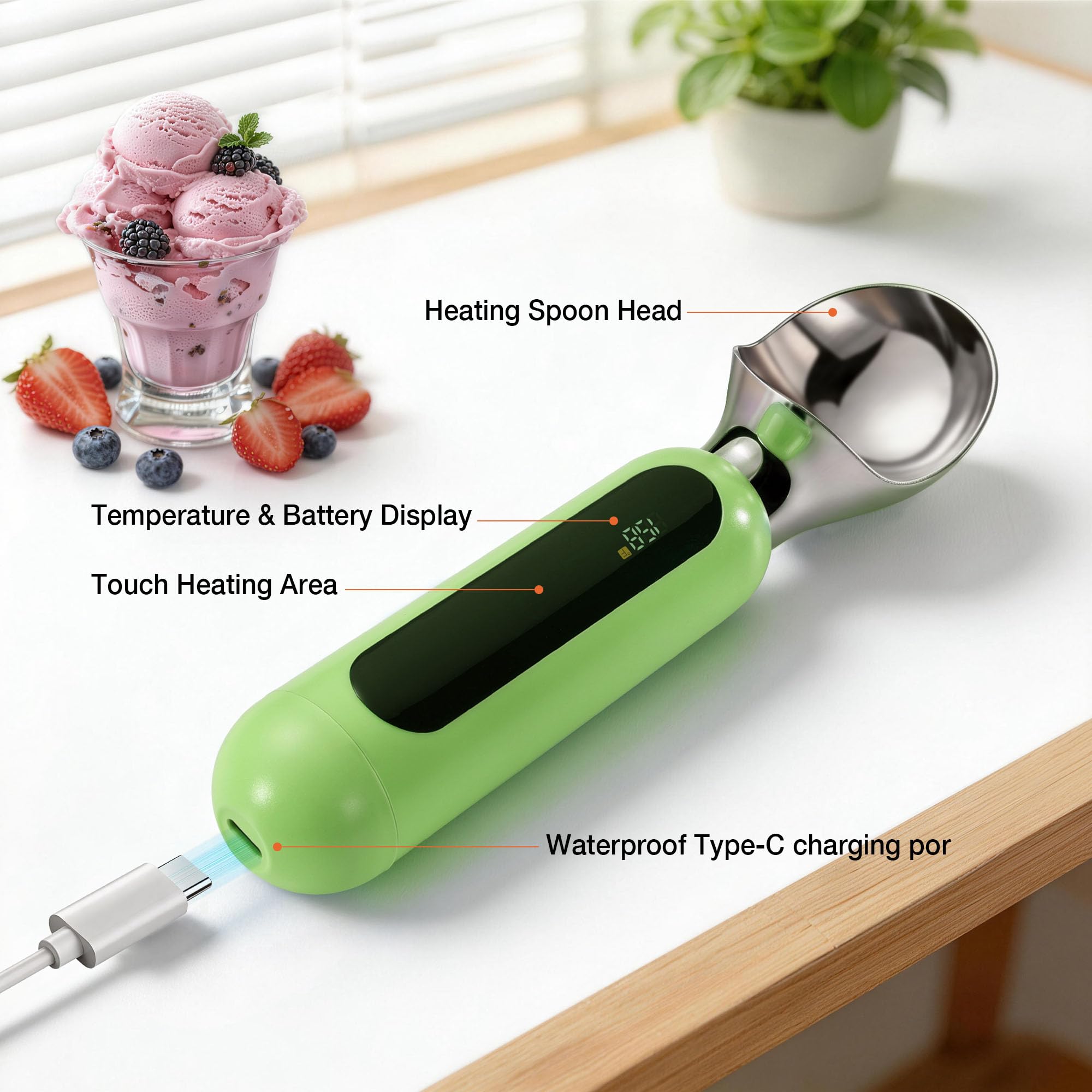 Paletta per gelato riscaldata, ricaricabile, elettrica, con display a LED, interruttore on/off, impermeabile IP67, riscalda fino a 70 °C, per gelato duro (verde)