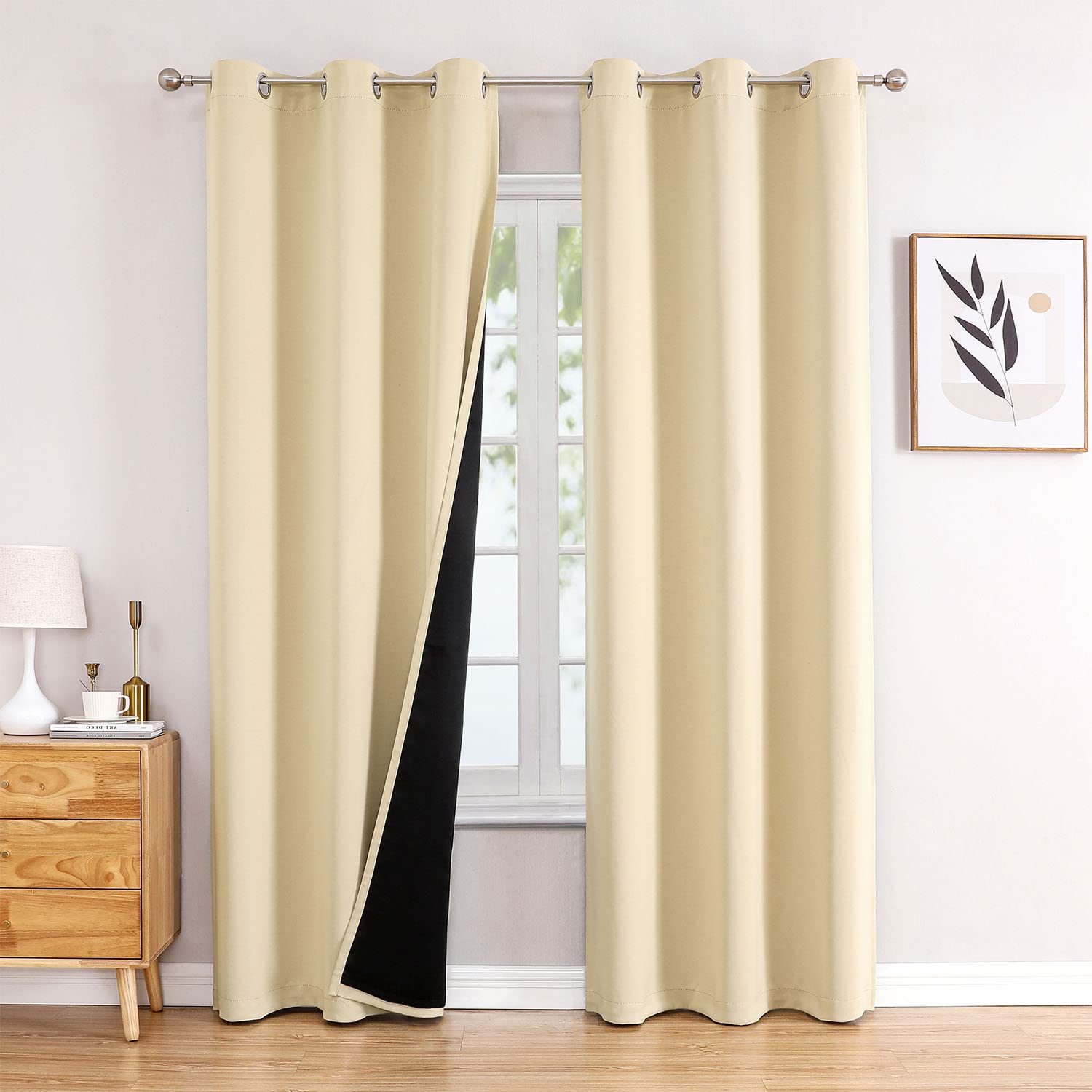 (Similarly)ChrisDowa 100% Blackout Curtains for Bedroom with Black Liner, 2 Thick Layers Total Blackout Thermal Insulated Grommet Window Curtains 2 Panels Set (Beige, 42 x 84 Inch)