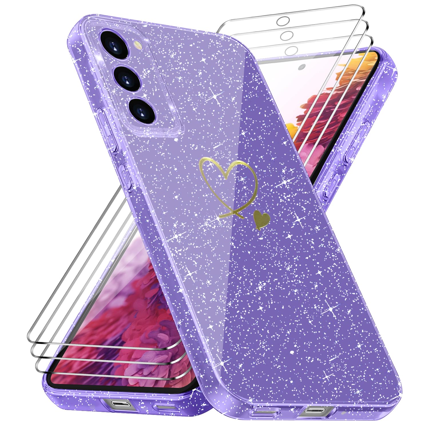 Cover Compatibile con Samsung Galaxy S20 FE 5G ((Non per S20), con 3 Pezzi Vetro Temperato Pellicola Protettiva, Glitter e Antimpronta Custodia, Antigraffio e Morbido Caso - Viola