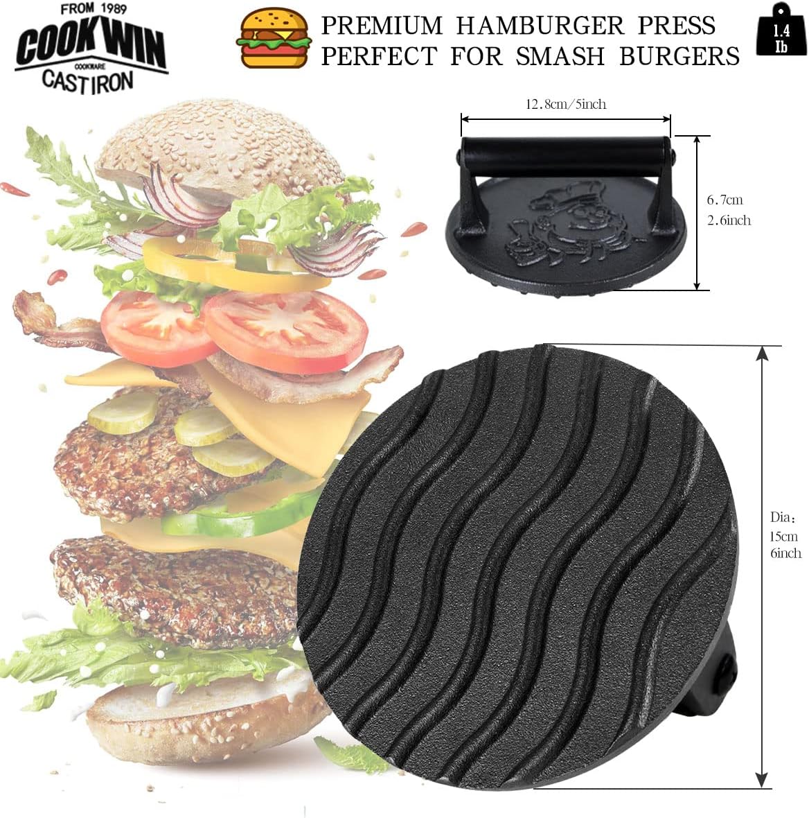 COOKWIN 6" Cast Iron Smashed Burger Press Kit, Heavy-Duty Hamburger Smasher with Non-Slip Handles and 50 pcs Patty Paper, Bacon Meat Weight Press for Steak, Smashburger, Grill and BBQs image 2