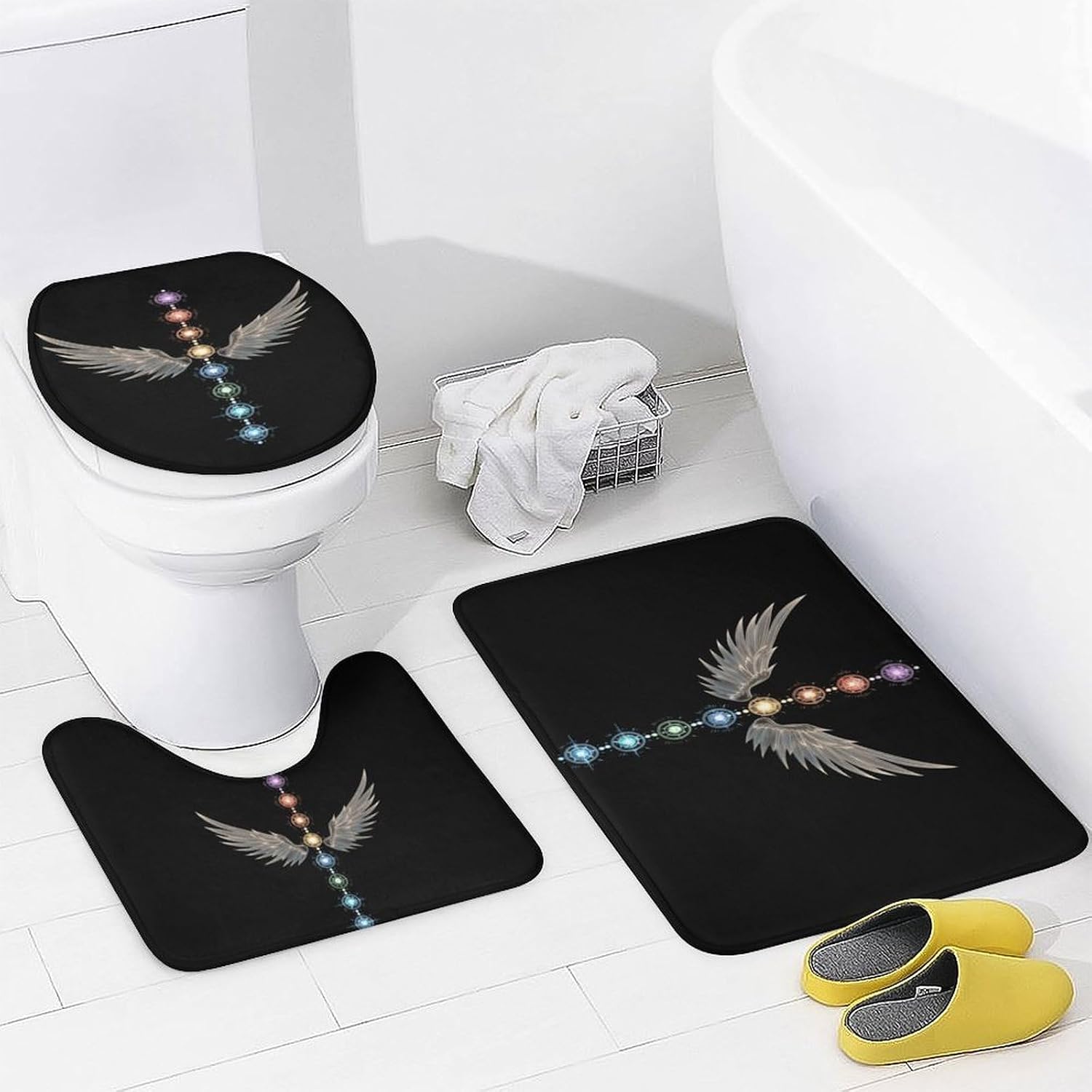 Angels-Wings A-ngelic Chakras Bathroom Set with Shower Curtain Rugs Toilet Lid Cover and Floor Mats 4 Piece