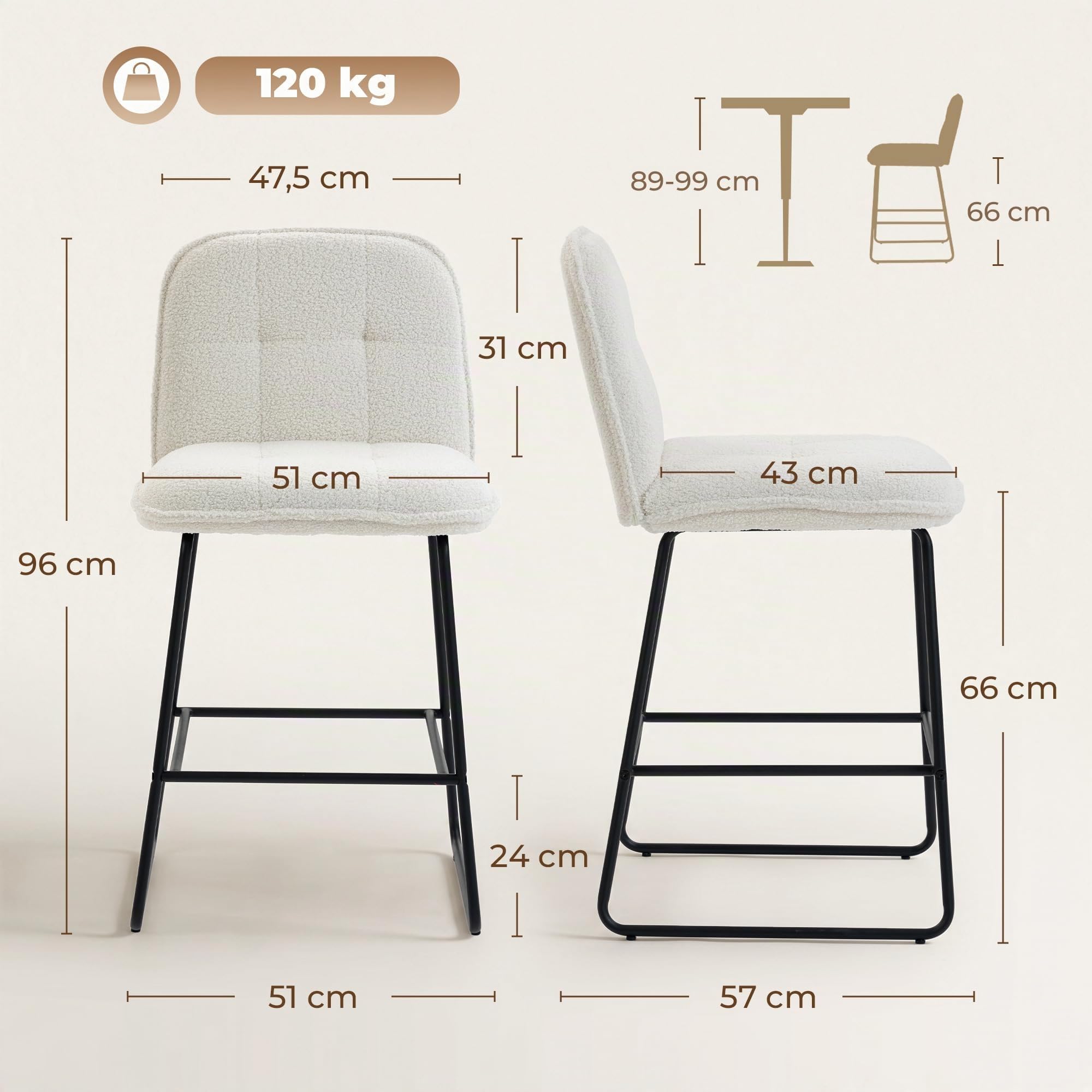 HOMCOM Lot de 2 Tabourets de Bar Extra-Large Assise 66H cm Crème