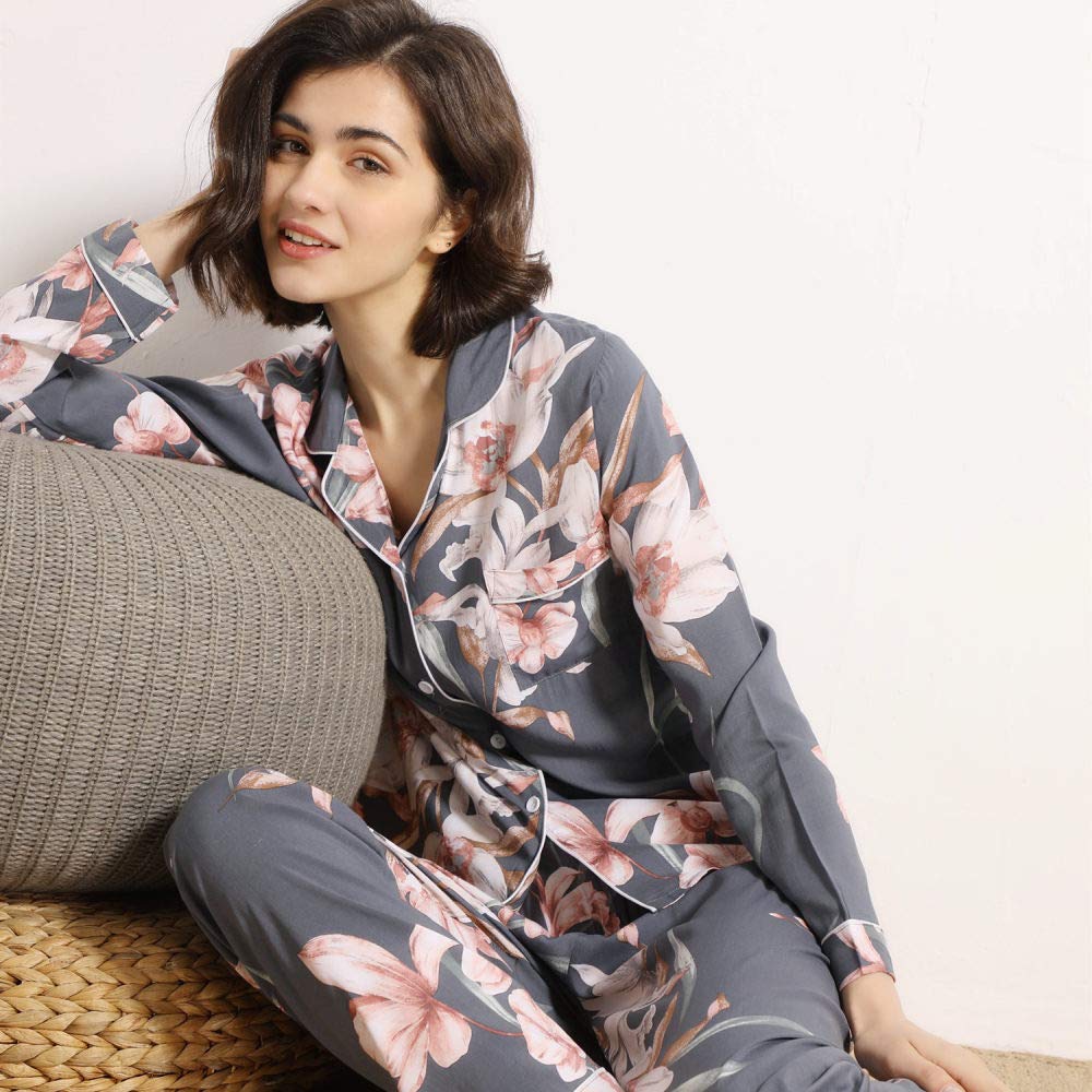 Conjunto De Pijamas De Mujer,Suave & Acogedor Pijama De Algodón Viscosa Elegante Estampado De Flores Fino Manga Larga Con Botones Conjuntos De Pijamas Ropa De Dormir De Verano Ropa De Dormir Ropa De