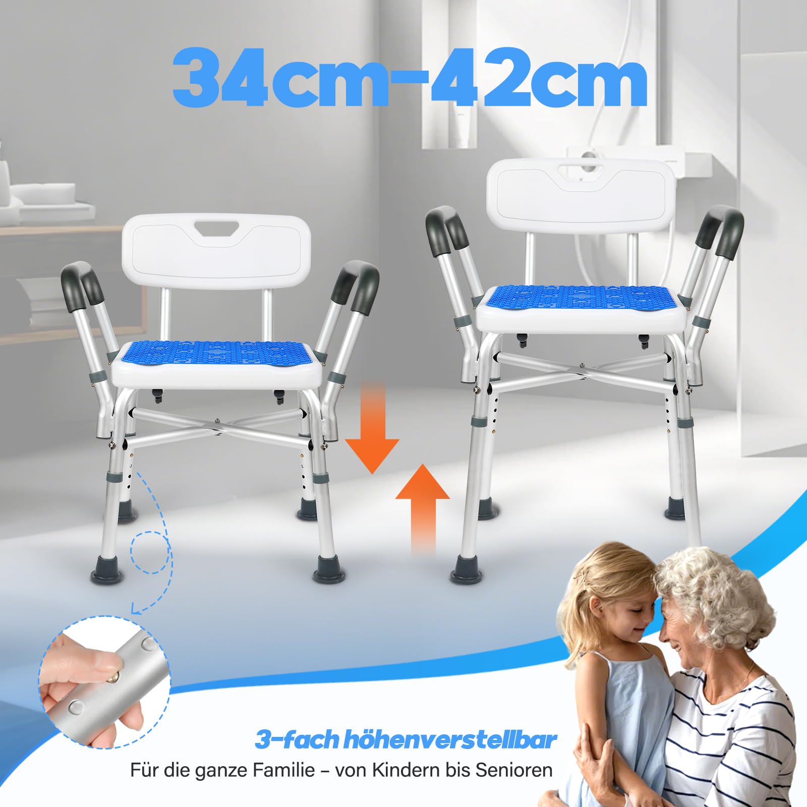 Duschhocker für Senioren - 210 KG Duschstuhl mit Rückenlehne und Armlehne, Höhenverstellbar Duschhilfe für Ältere, Schwangere, Menschen mit eingeschränkter Mobilität, Badewanne, Dusche, Fußhocker