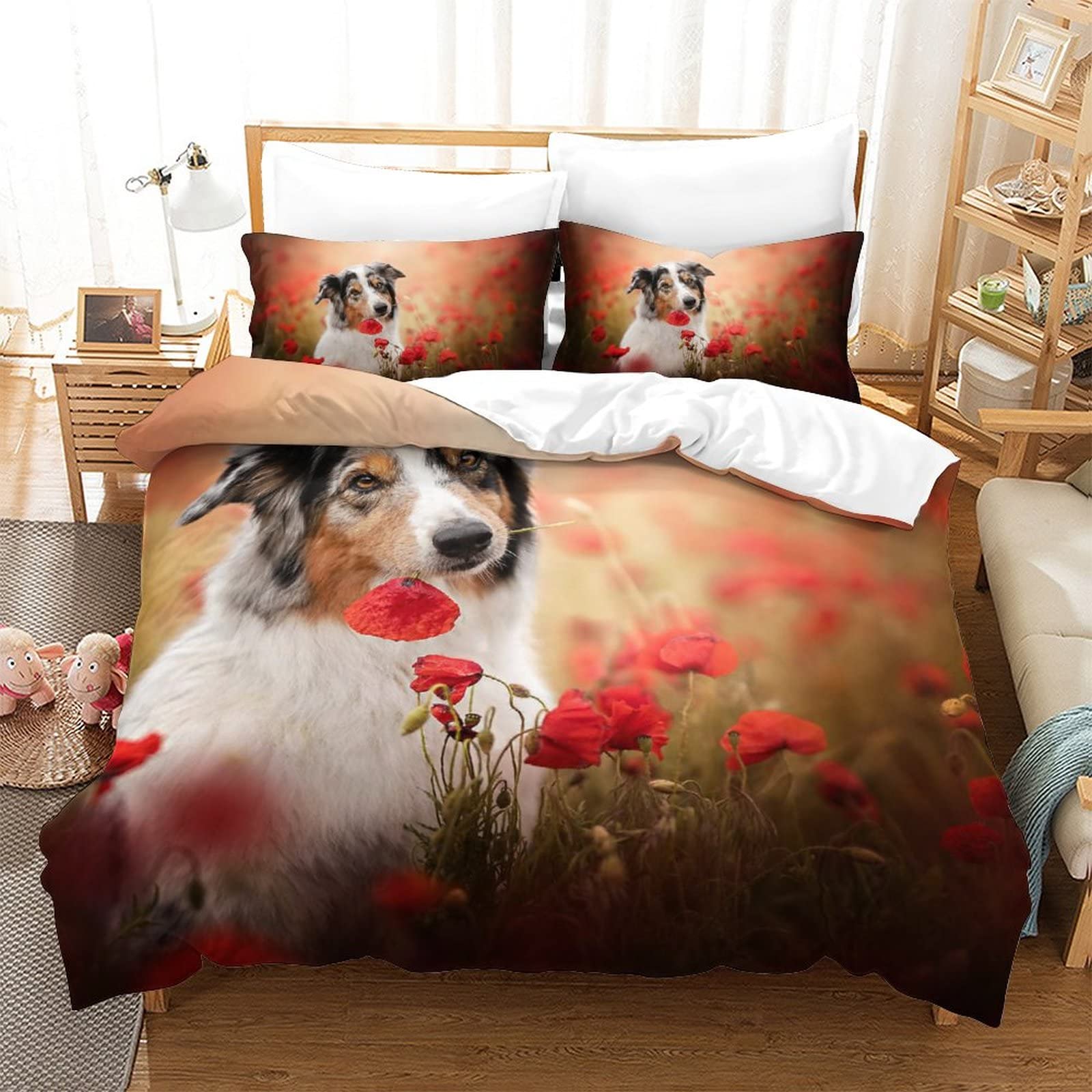 Housse de couette Berger Australien 200x200cm avec 2 taies d'oreiller pour lit double