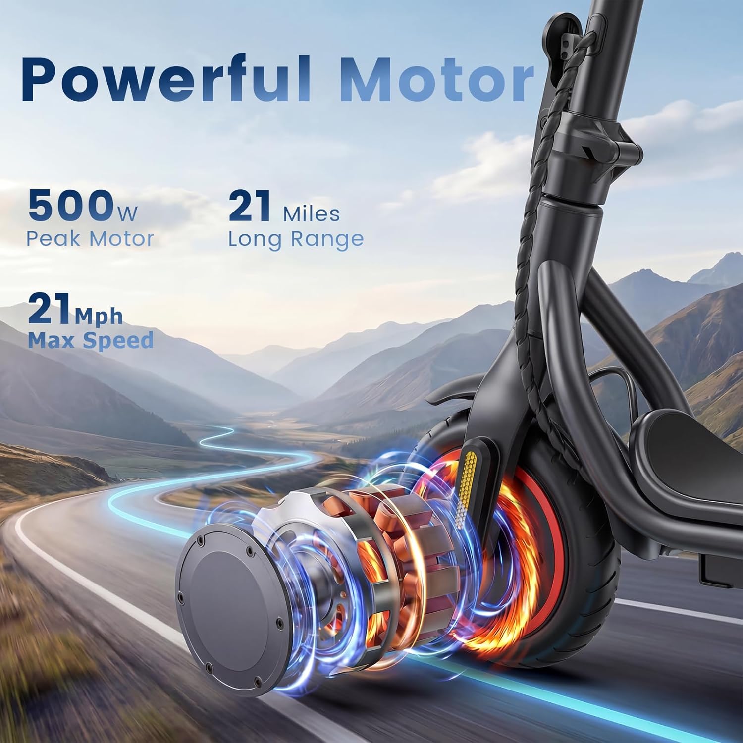 Electric Scooter - Electric Scooter Adults, 500W Motor, 21 MPH Top Speed, 8.5'' Tires, 21 Miles, Long Range Electric Scooter for Adults and Teens