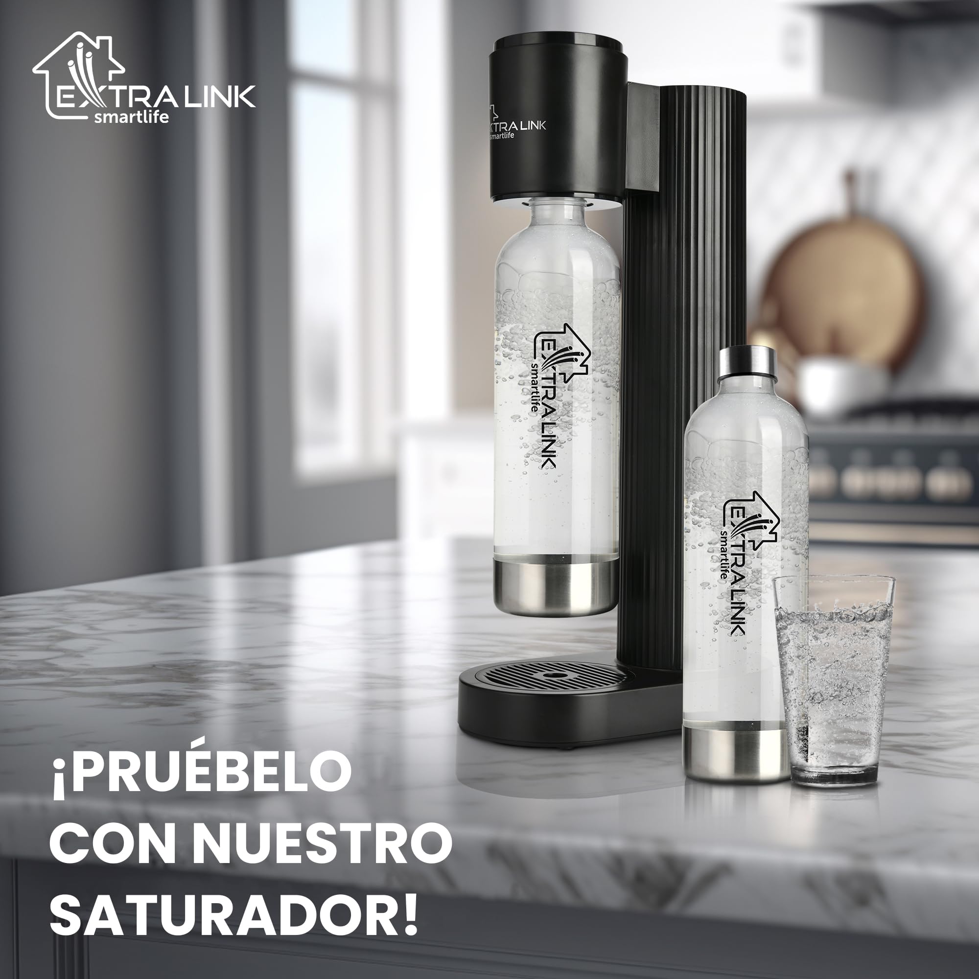 Extralink Máquina para hacer agua con gas Smart Life con botella 1L PET, tamaño compacto, carbonatación de ligera a alta, maquina agua con gas, práctica y elegante, compatible con las botellas de CO2