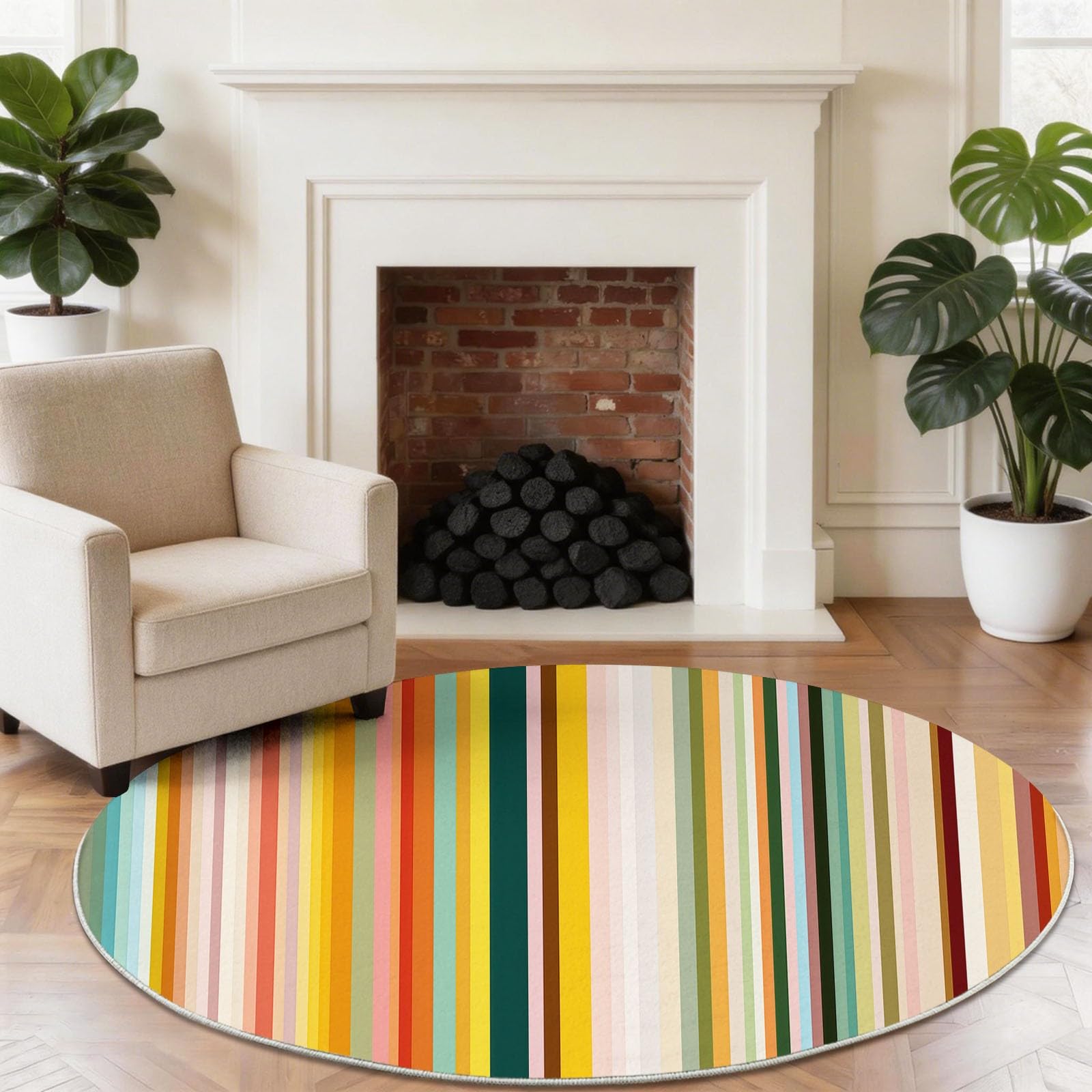 Tappeto rotondo a pelo basso, 90 cm, motivo astratto, motivo arcobaleno a righe, per sotto il tavolo, moderno, alla moda, lavabile, antiscivolo, per sala da pranzo e soggiorno, multicolore