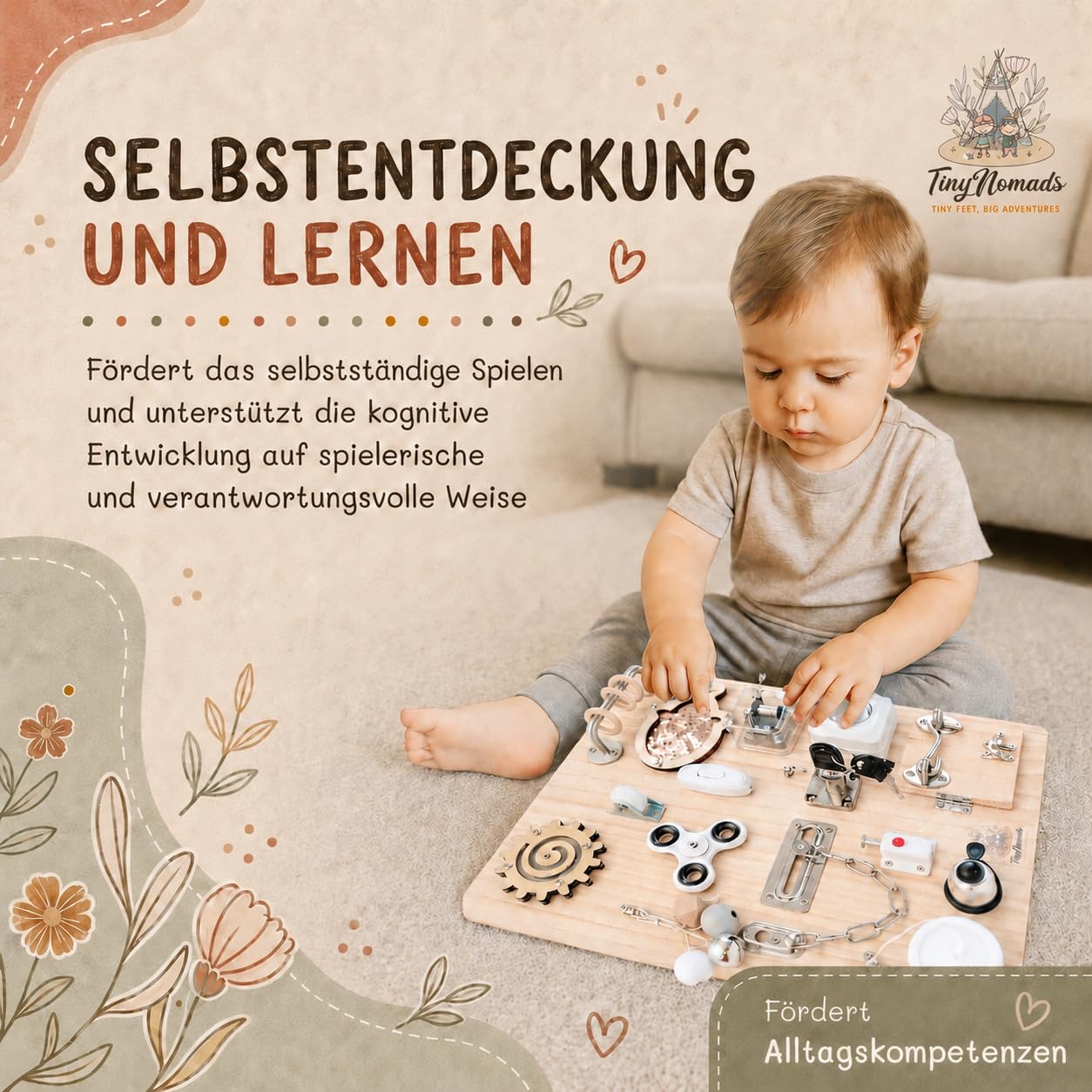 Montessori Busy Board aus Holz | Motorikbrett mit 15 Aktivitäten | Activity Board fur Kleinkind Beschäftigungsbrett Sensorik Lernspielzeug reisespielzeug Aktivitätsbrett