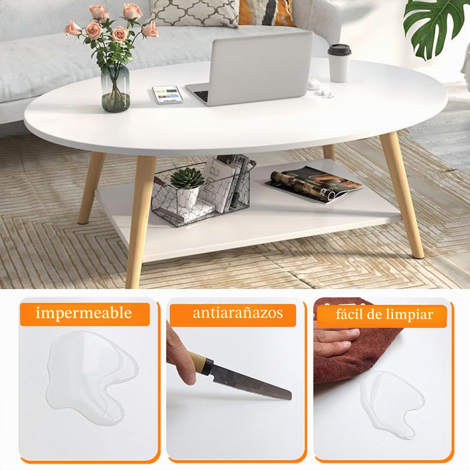 mesa de Centro Oval Moderna, Doble Capa de Madera con Estante, Grosor de la Tabla 15 mm, Blanco, Patas de Pino para Salón y Apartamento (100x40x40)