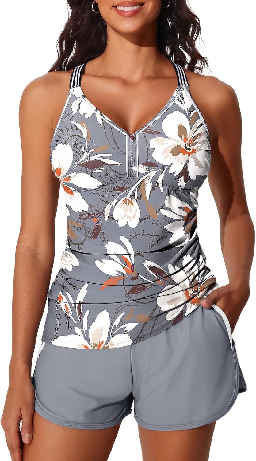 Summer Mae Modest Tankini Swimsuits for Women 2026 Two Piece Bathing Suits with Sporty Pockets Boy Shorts for Tummy Control