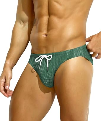 Mens Mesh Bikini Swimwear Sexy Low Rise Swim Briefs with Drawstring
