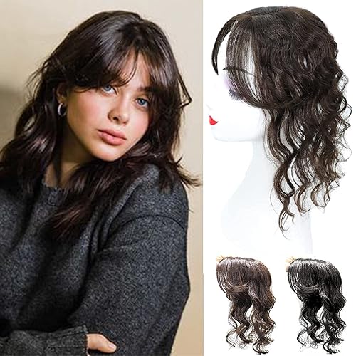 Miniatura 8 de Peluca de cabello humano rizado tipo tupé para mujer con flequillo lateralflecos que añaden volumen al cabello, base de seda de 5 x 5 pulgadas,
