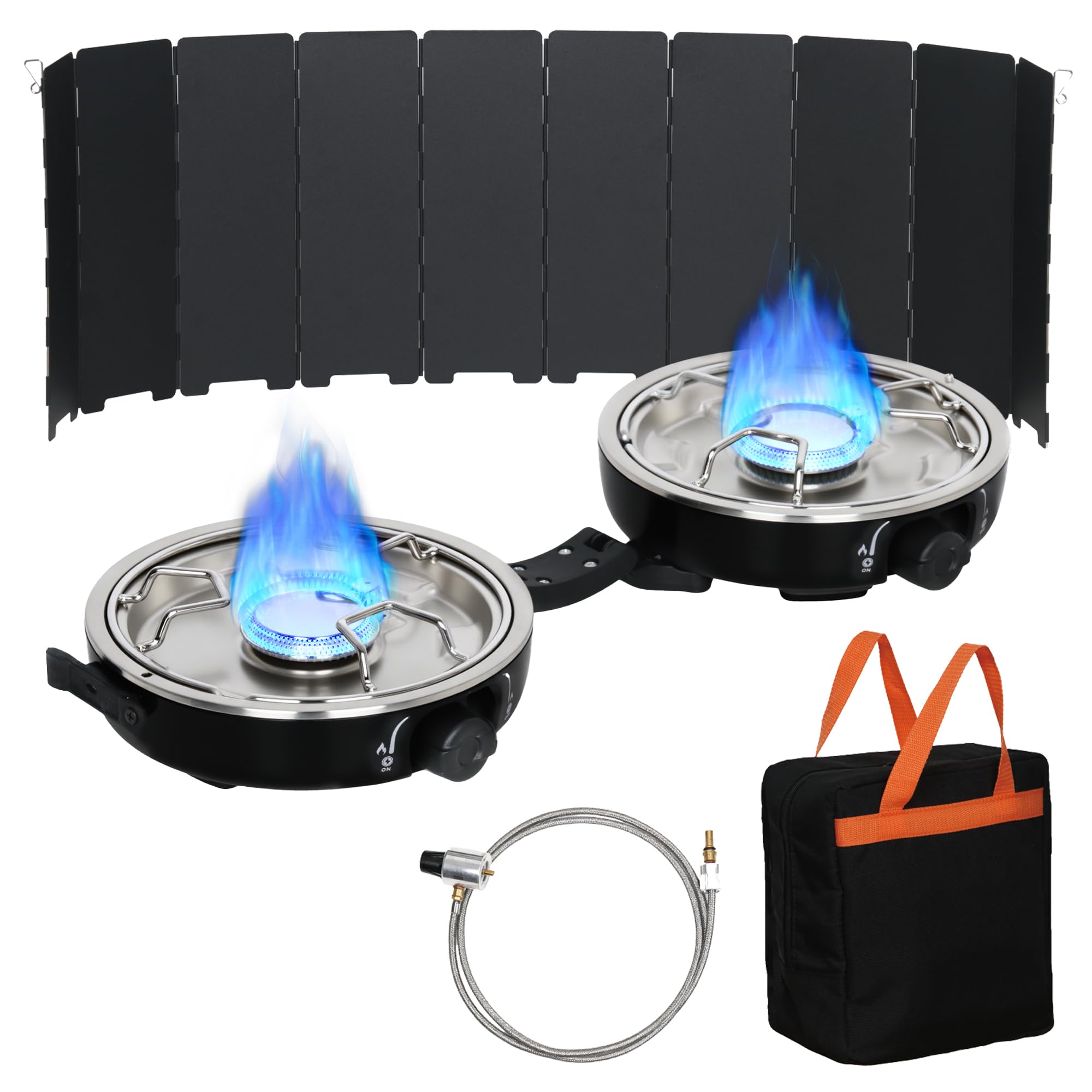 Propane 2-Burner Camping Stove with Windscreen, Portable& Foldable Camping Stoves with Carry Bag, 20000 BTU Camp Stove with Adjustable Burners& Piezo Ignition for Camping& Outdoor (Black)