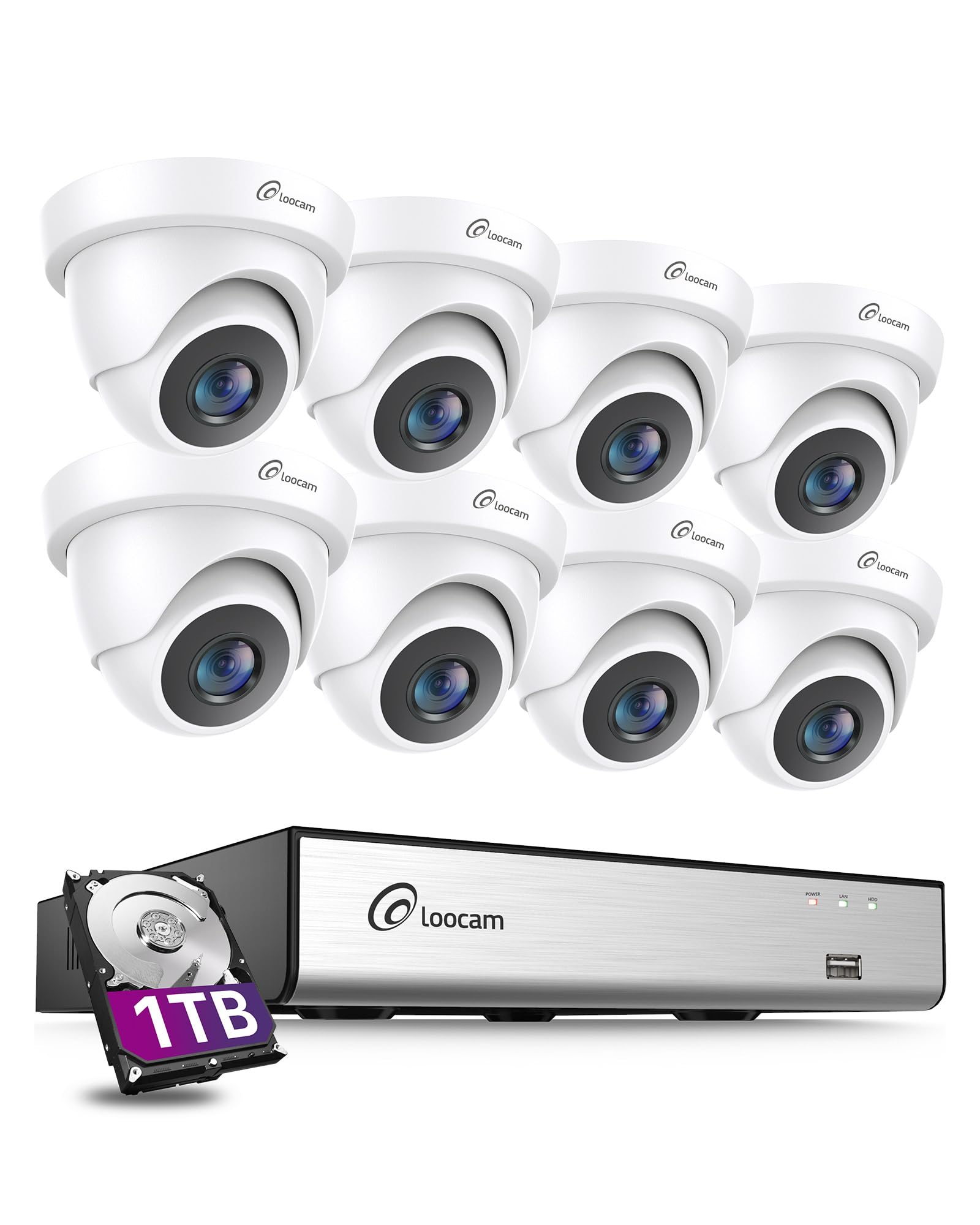 Loocam 1080P Kit de Cámaras de Vigilancia Exterior, 8CH Grabador DVR 1TB Disco Duro con 8X 2MP Cámara Seguridad, Detección AI Persona/Vehículo, Visión Nocturna, Reproducción Inteligente