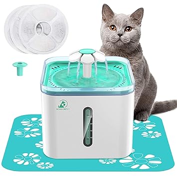 Cat Water Fountain 2.5L Automatic Pet Water Fountain for Dogs and Cats Pet Water Bowl Dispenser with 3 Replaceable Filter and 1 Silicone No-Slip Mat for Cats Dogs Multiple Pet