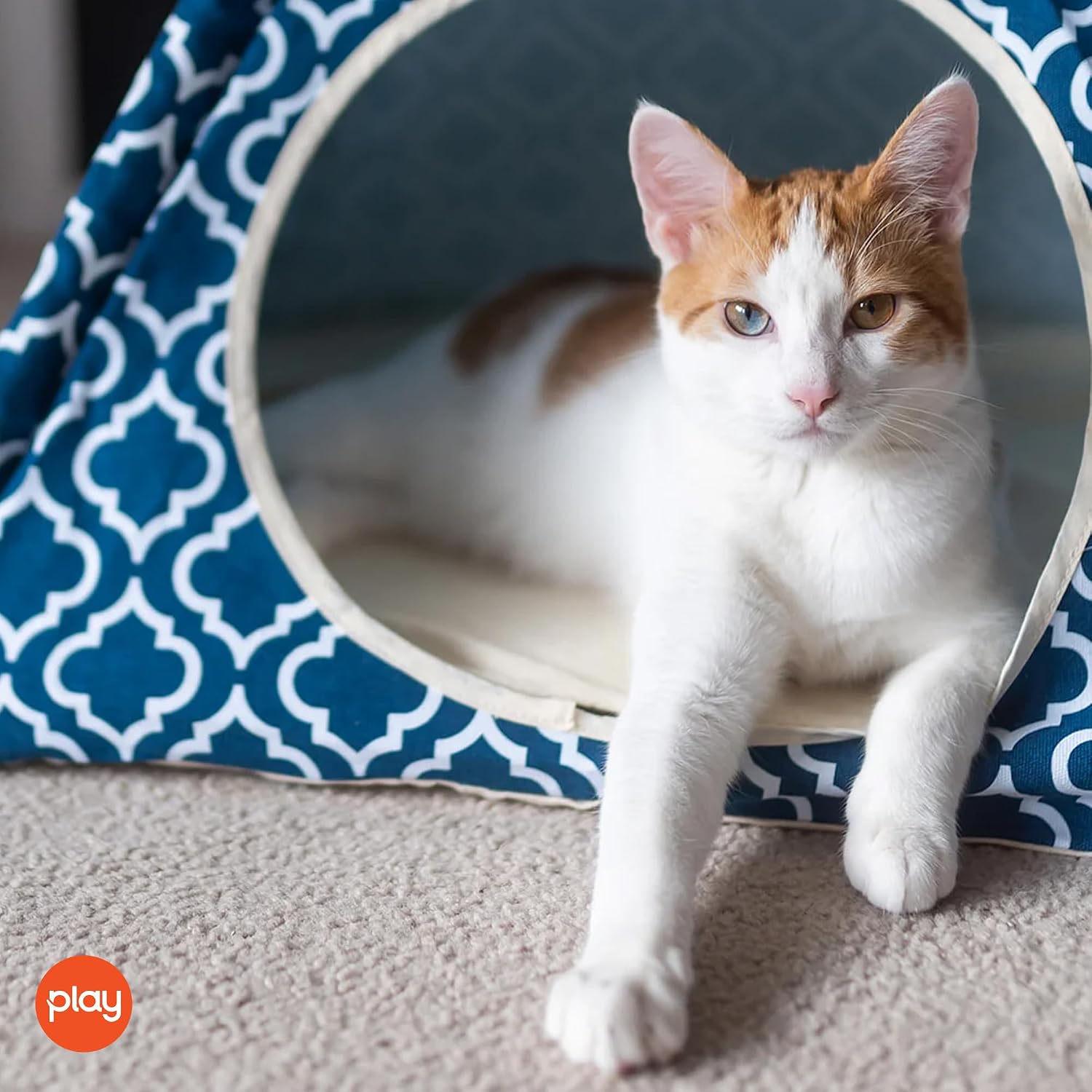 P.L.A.Y. Classic Cozy Cove Pet Teepee Tent for Dogs & Cats - Cotton Canvas Pet Bed House, Removable Pillow, Indoor/Outdoor, Machine Washable (Navy)