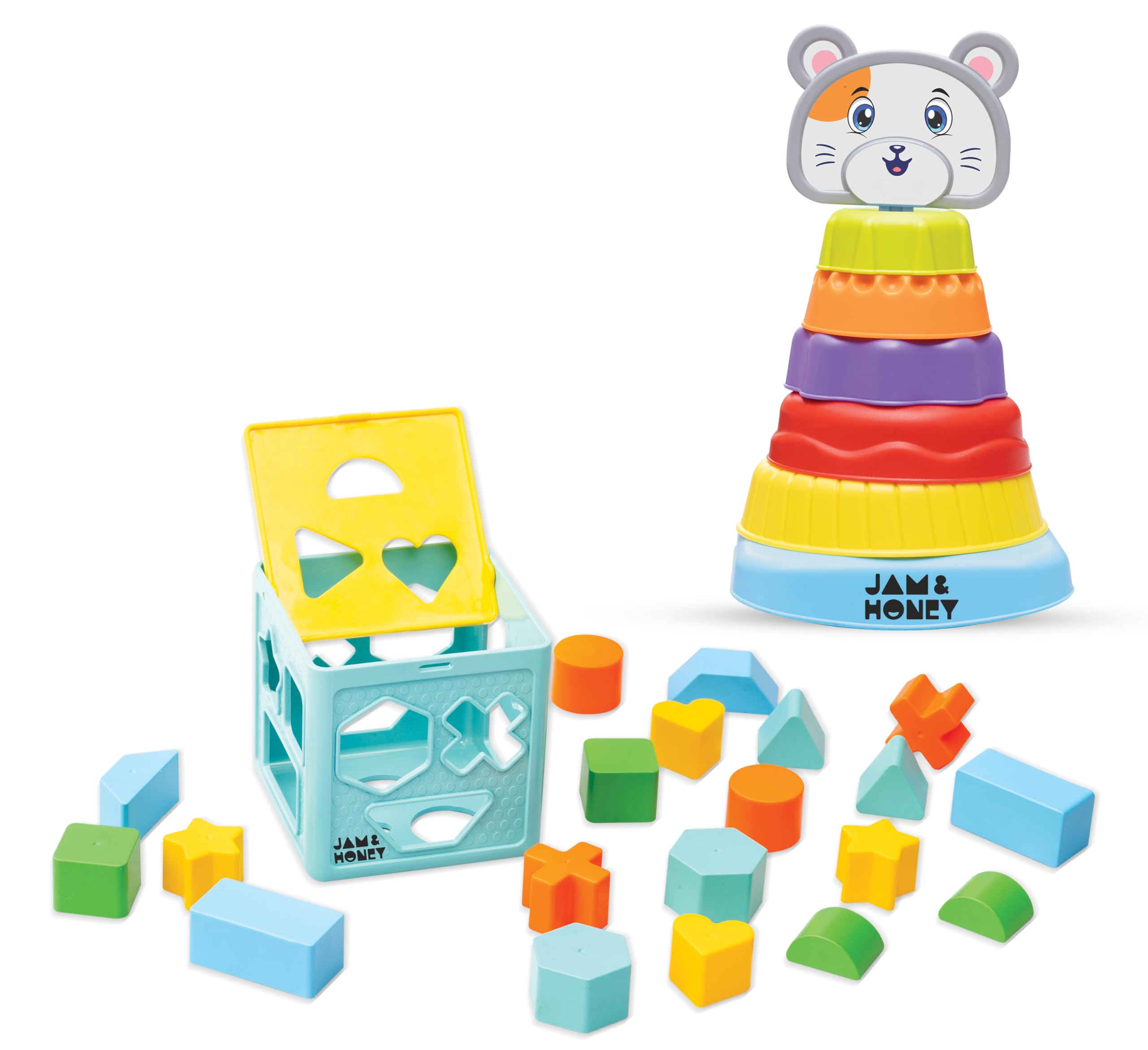 Amazon Brand - Jam & Honey Stacking & Sorting Toy for Kids 3+ Years, Ring Stacker with 6 Rings & 20 Shapes, Multicolour Early Learning Toy for Motor Skills, BIS Certified Safe