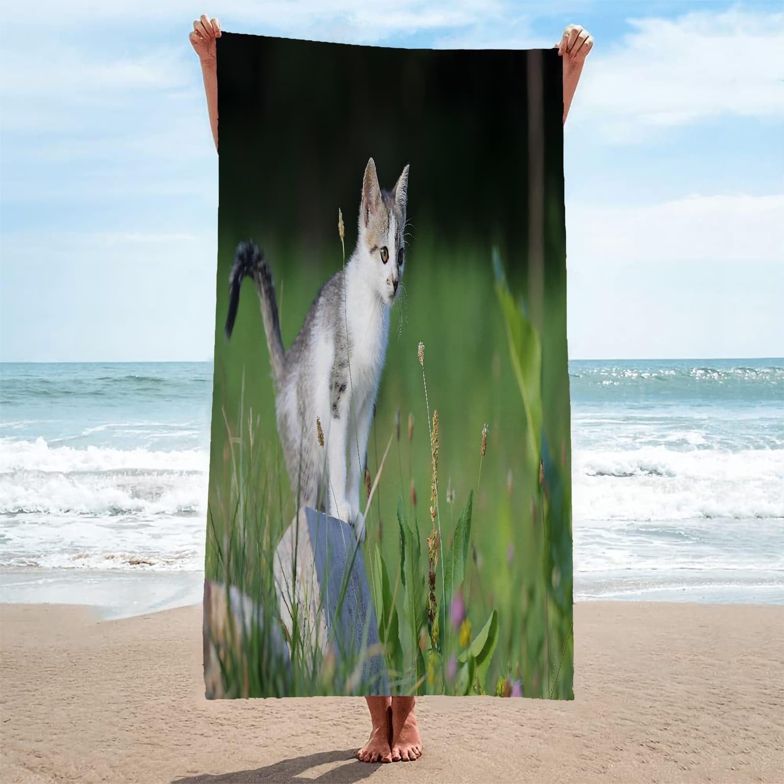 Ręcznik plażowy dla dorosłych uroczy kot eksplorujący duży ręcznik plażowy z mikrofibry do podróży, pływania, biwakowania, miękki, szybkoschnący, wolny od piasku, chłonny, ręcznik na siłownię