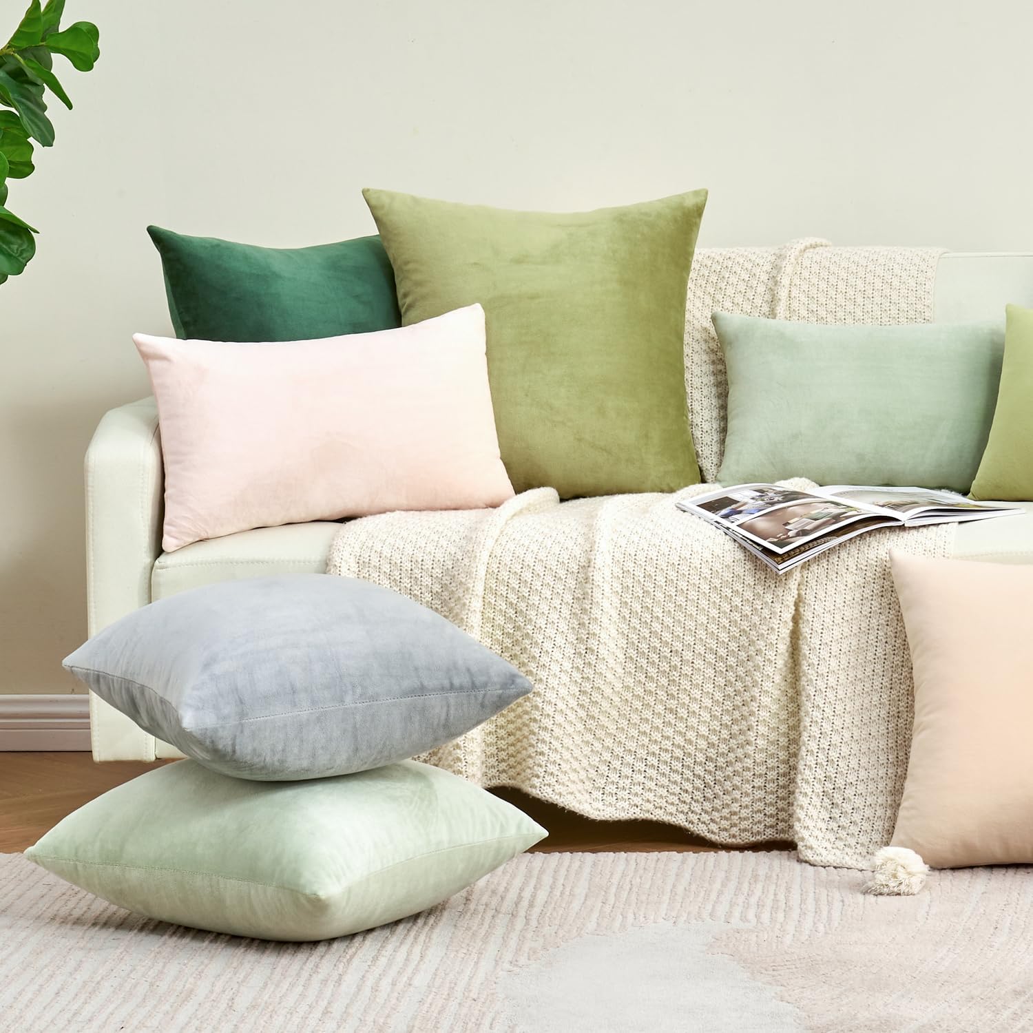 Throw Pillow Covers White Decorative Velvet Set of 2 18x18 Inch Pillow Covers, Soft Pillow Covers for Couch Sofa Bed Living Room, Farmhouse Neutral Home Boho Decor, Square Accent Cushion Cases - Image 4