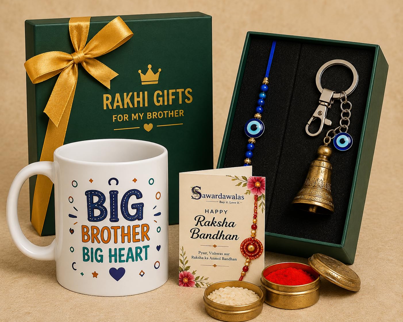 SawardawalasBig Brother Big Heart Rakhi Gift Hamper | Ceramic Coffee Mug, Evil Eye Rakhi, Guardian Bell Keychain, Roli Chawal & Raksha Bandhan Greeting Card | Premium Gift Combo for Brother-picture-24