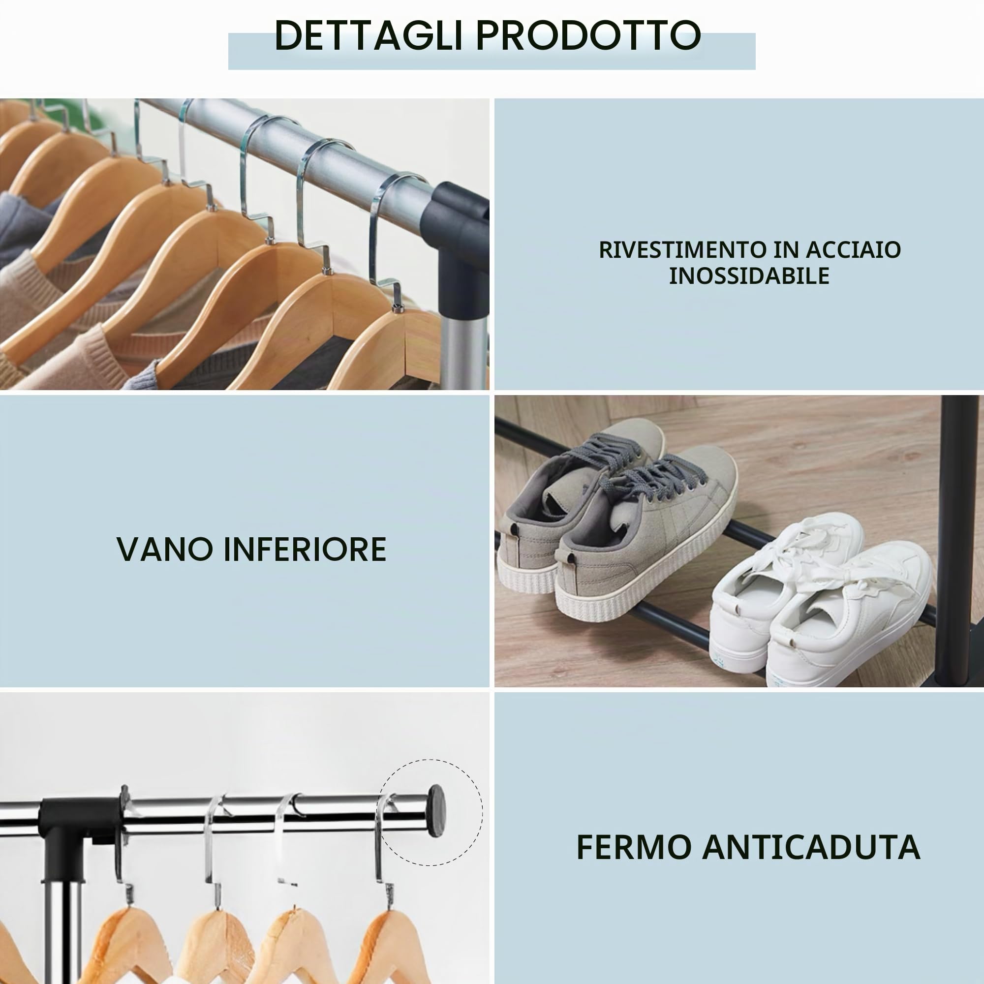 MAGIC SELECT Appendiabiti Doppio. Appendiabiti da Terra, Allungabile con Ruote, 2 Barre Superiori e Ripiani Inferiori. Appendiabiti Resistente, con Altezza Regolabile. Perfetto per Casa, Corridoio.