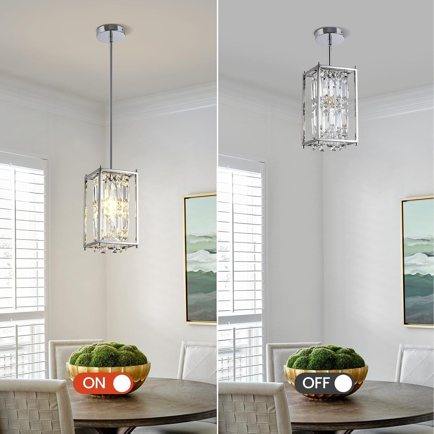 Modern Mini Crystal Pendant Light Fixture, 1-Light Chrome Crystal Hanging Light, Contemporary Square Chandelier Adjustable Height for Dining Room, Kitchen Island, Living Room, Foyer, E26