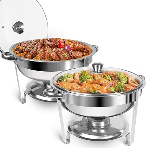 Dervipas - Juego de 2 platos de bufé de 4.5 cuartos de galón, de acero inoxidable redondos para catering, con tapa de visualización de vidrio y disponible en Yaxa Colombia