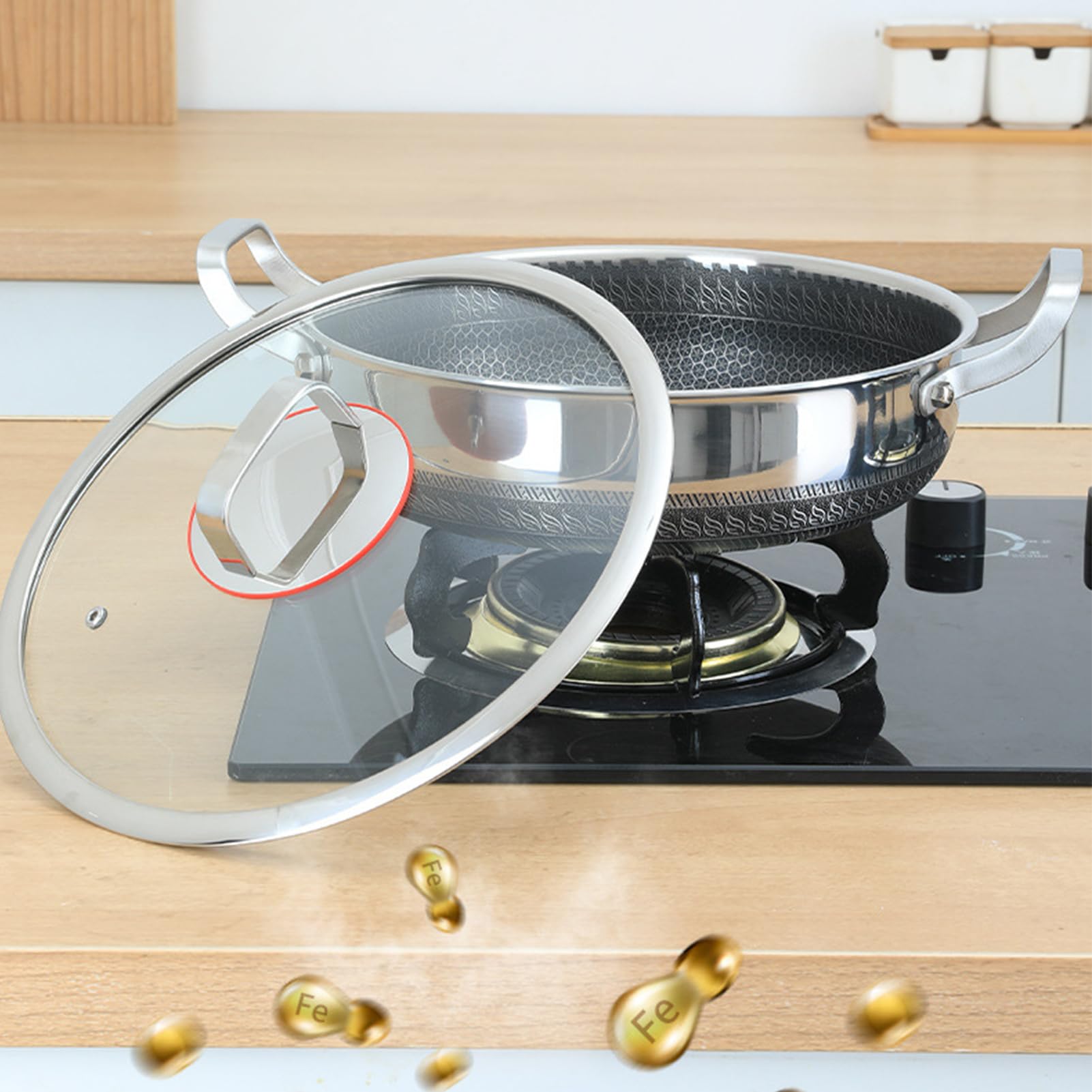 Patelnia Sauté ze Stali Nierdzewnej z Pokrywą Nieprzywierająca Patelnia Ze | Duża Patelnia Do Smażenia do Smażenia Pieczenia Omletów Naleśników Ryb Ja