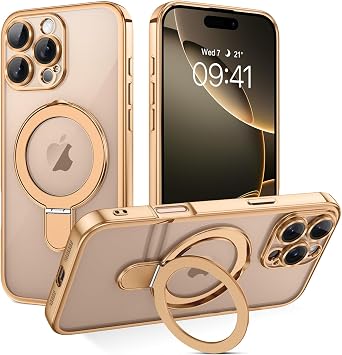 DOMAVER Magnetic Case for iPhone 16 Pro Max 6.9" with Stand [Compatible with Mag Safe] Translucent Slim Back Shockpfoof Protective Soft Cover with Kickstand for iPhone 16 Pro Max 6.9"- Desert Titanium