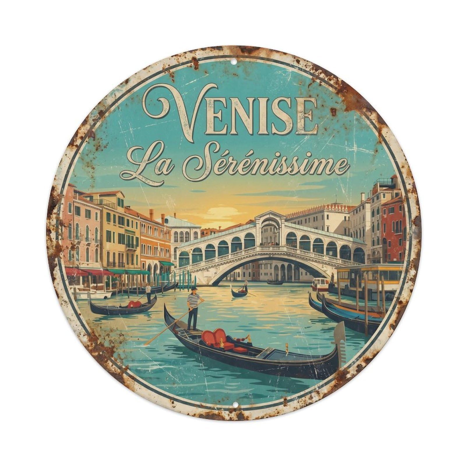 Vintage Travel Gondola Venice Canal Metal Tin Sign Plaque Wall Decor for Cafe, Club, Garden Round Metal Poster 8x8Inch