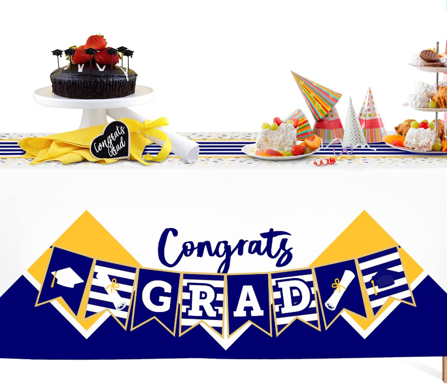 Graduation Table Cloths - 3pcs - Graduation Party Decorations 2022 - Graduation Party Supplies 2022 Jumbo 3 Pack 120”x56” - Congrats Grad Table Cover Graduation Decor Black & Gold Runner Tablecloth