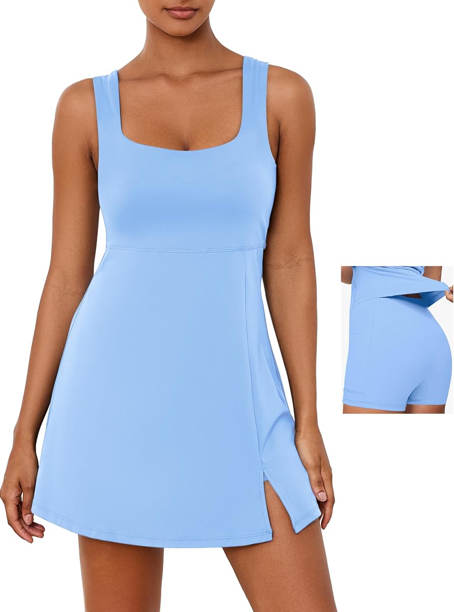 Square Neck Tennis Dress with Pockets for Women Sleeveless Built in Shorts Athletic Dress Side Slit Golf Active