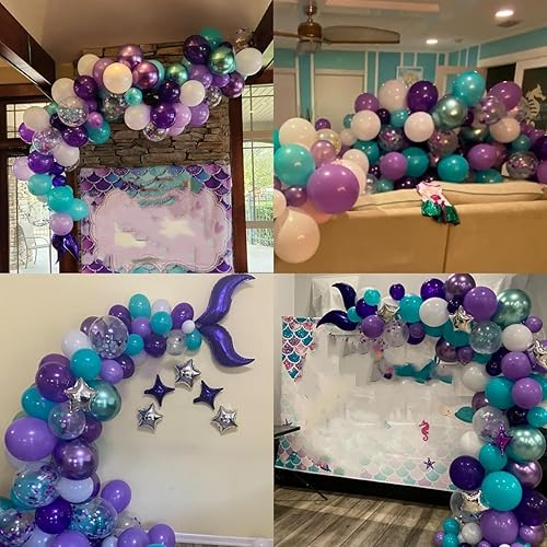 Miniatura 3 de Kit de arco de globos de sirena con cola de sirena, tema de sirena, guirnalda de globos en colores rosa pálido, morado, azul, verde, plateado