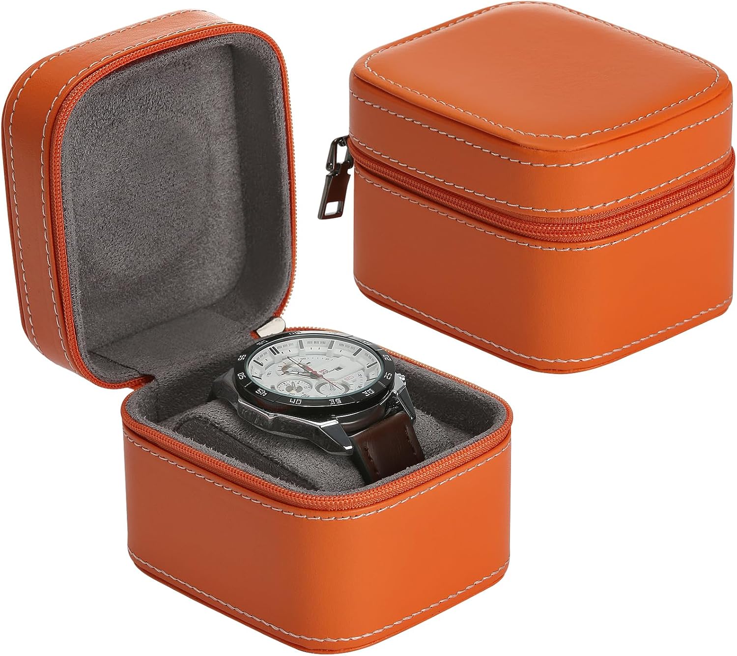 Single Watch Box, Small Watch Travel Cases for Men Women, Portable Zipper Wristwatches Storage Holder Boxes with Removable Pillow (Orange) - Amazon product rated Grade B