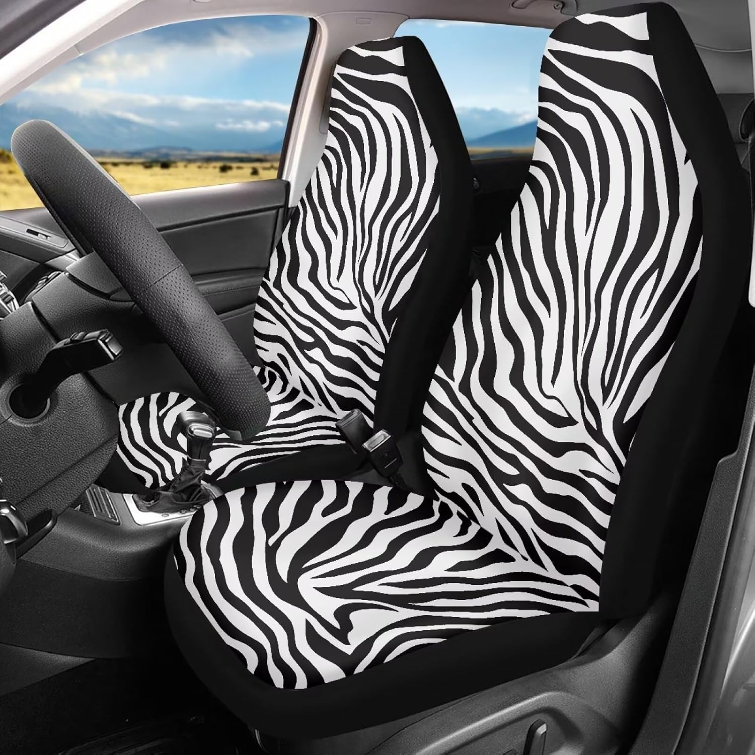 Black White Cow Universal Car Seat Covers Full Set 2 Piece Automotive Interior Accessories Flexible Elastic Front Car Seats Cushion Fits Most Cars SUV Van and Truck