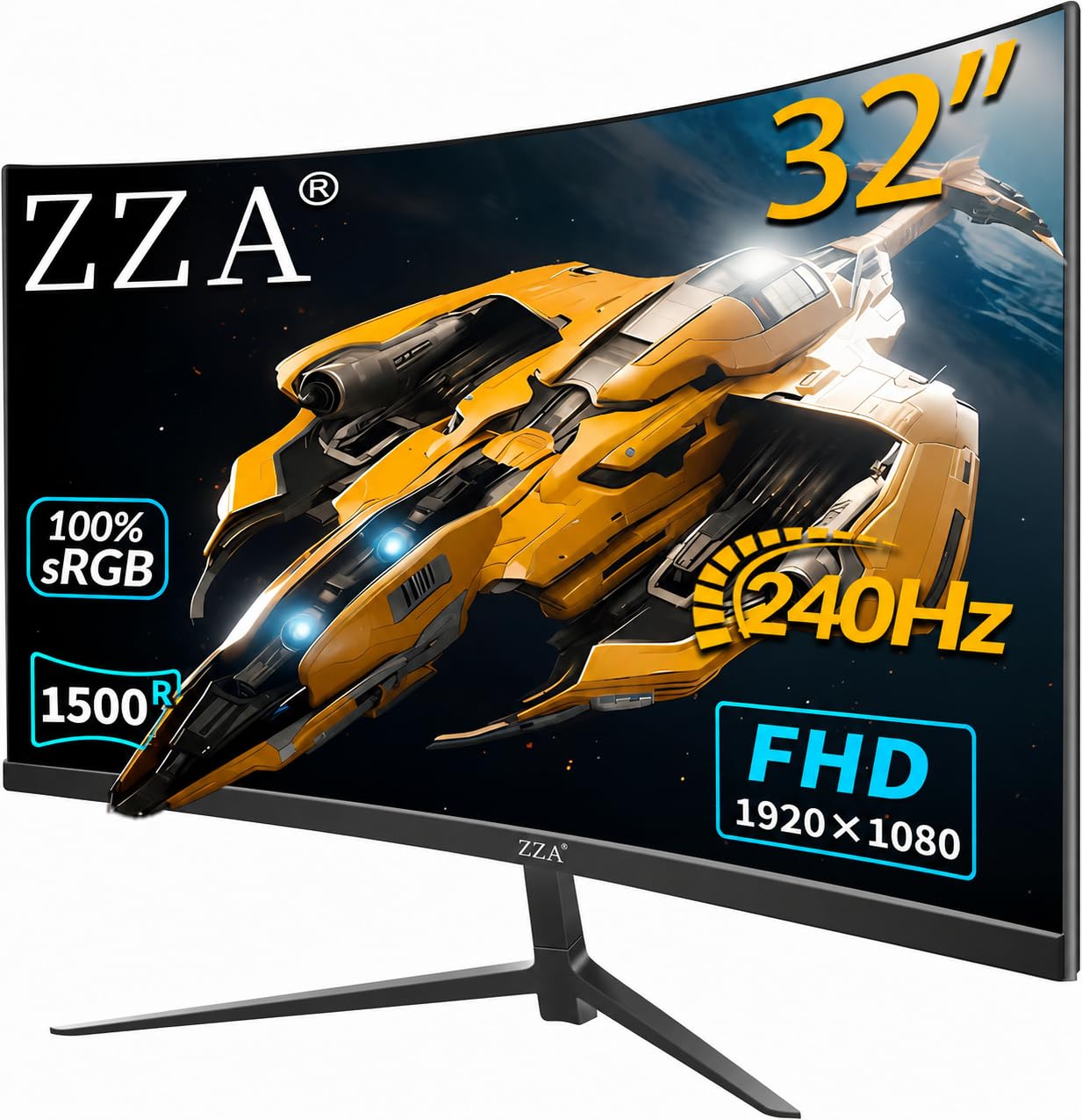 ZZA 32 Zoll 240 Hz Curved Gaming Monitor, Full HD 1080p, 1ms, HDR, FreeSync