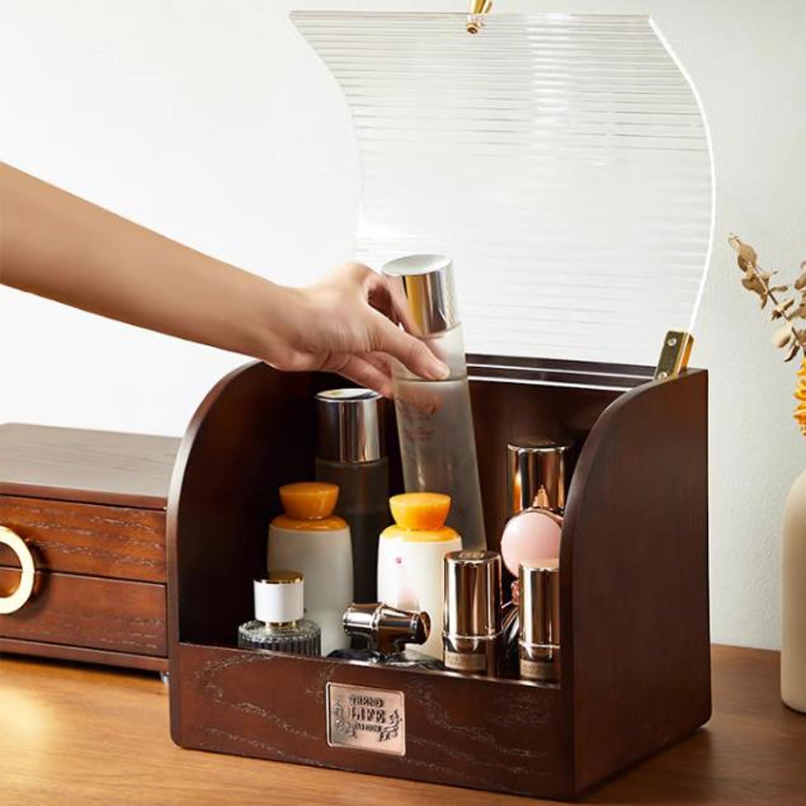 DASITON Organiseur De Maquillage Pour Coiffeuse, Grande Capacité Avec Tiroirs à 3 Couches Et Miroir, Vitrine De Maquillage Pour Coiffeuse, Chambre à Coucher, Comptoir (transparent-crème