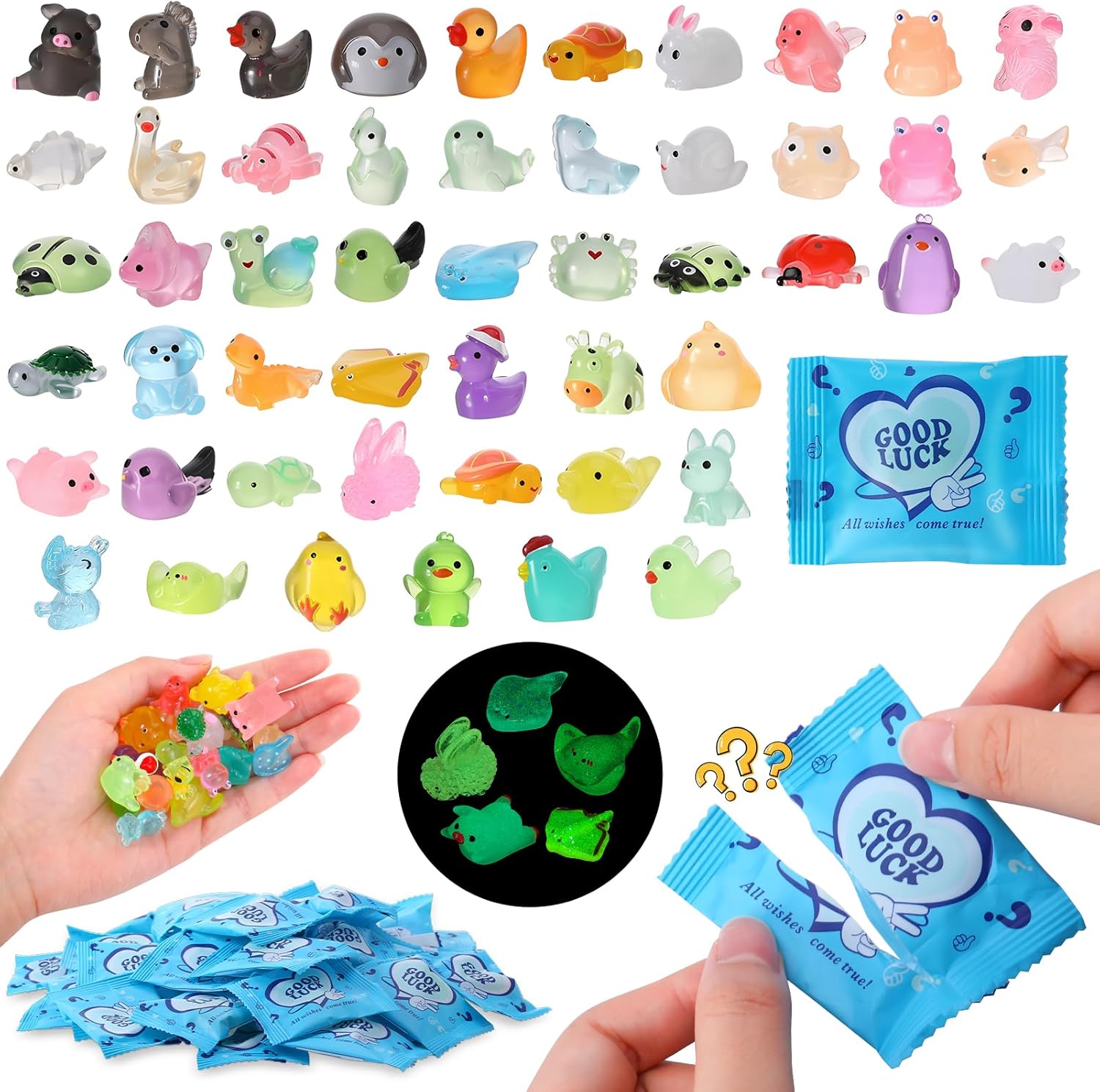50Pcs Luminous Mini Resin Animals Blind Bags Glow in The Dark Miniature Animals Figurines Tiny Animal to Hide for Party Favors Fairy Garden Landscape Dollhouse Decor