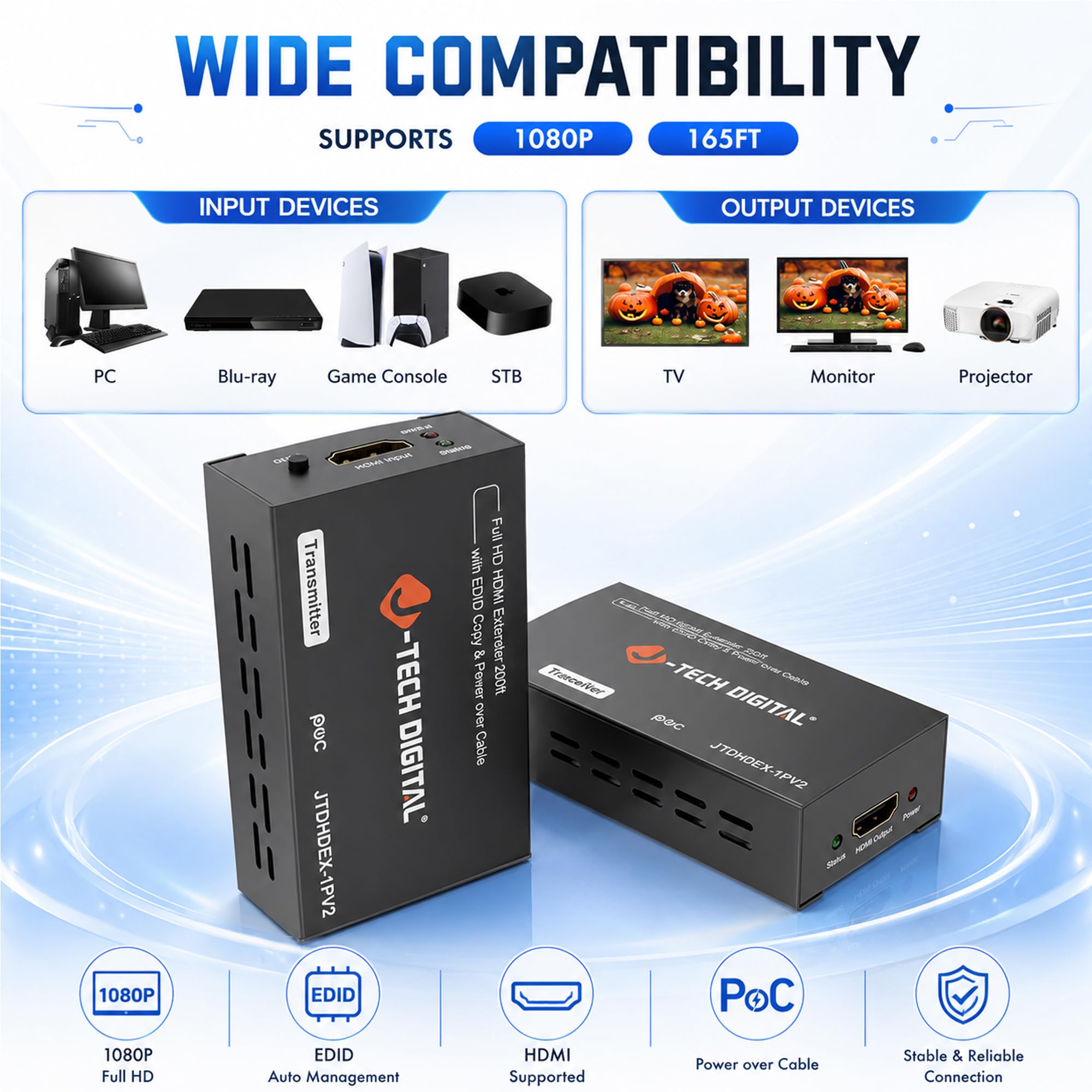 Extensor HDMI 1080P 60Hz sobre un solo CAT 5e/6/7 PoC (cable de alimentación) hasta 60 m | Color profundo, copia EDID, cero pérdida de señal por J-Tech Digital [JTDHDEX-1P]