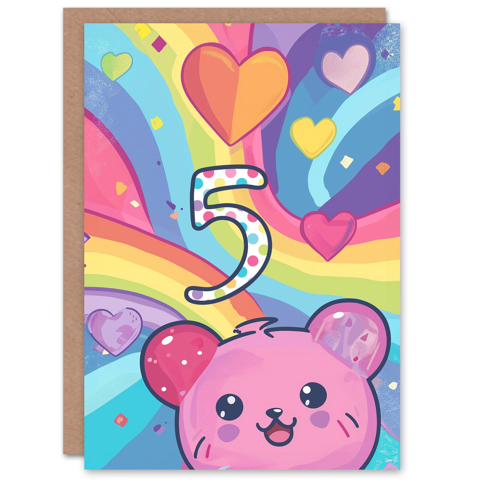 Artery8 Birthday Card Hamster Bear Rainbow Kawaii Cartoon Cute 5th 5 Year Old For Child Kids Son Daughter Greeting Card