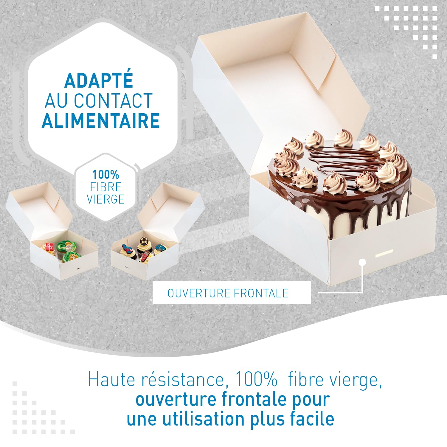 dekora - Boîtes à Gâteaux - Dimensions 23 x 23 x 10 cm - Boîtes de Boulangerie Résistantes - Faciles à Monter et Réutilisables - Carton Écologique en Fibre Végétale - 50 Boîtes - Couleur Blanc