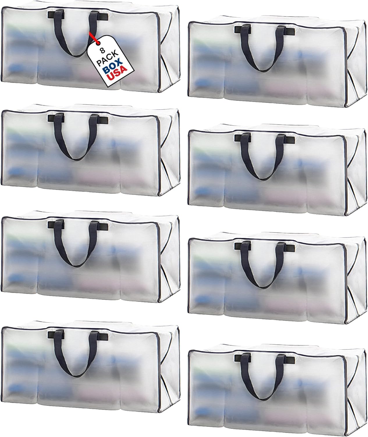 BOX USA 8-Pack Moving Bags with Strong Handles & Zippers - Heavy Duty Extra Large Packing Bags for Storage, Moving Boxes, Dorm & College Supplies, Clear