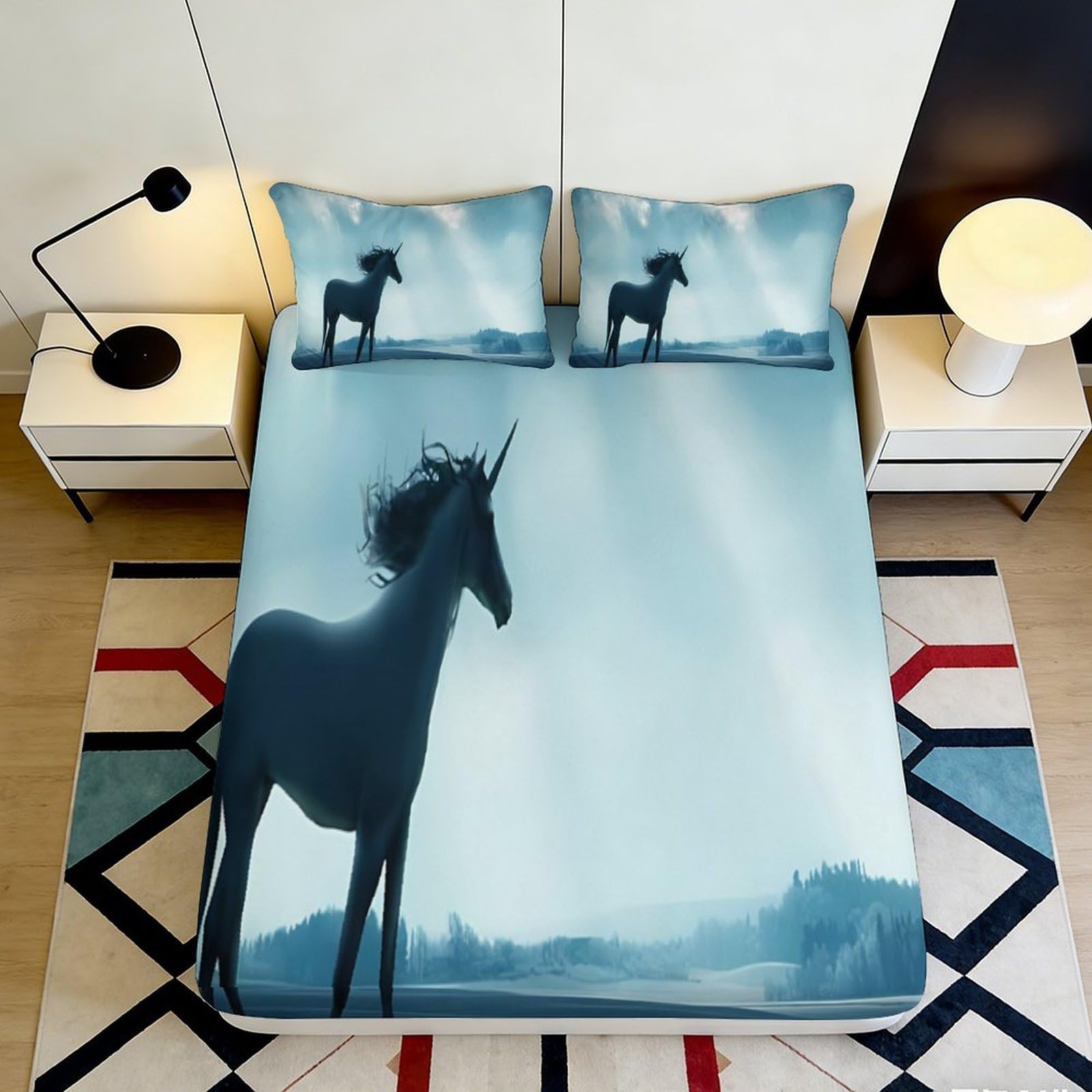 3D Printed Blue Fantasy Unicorn Fitted Sheet Microfiber Soft Mattress Cover Artistic Horse Bedroom Decor Protection 90x200x25cm