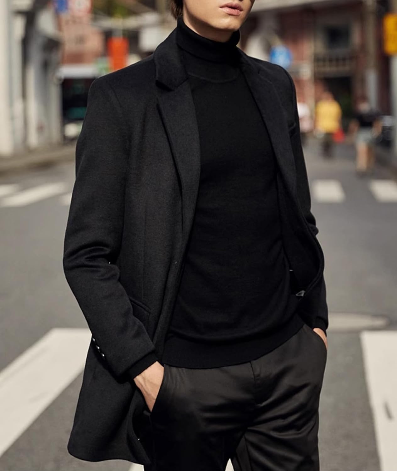 SOMTHRON Men's Mid Long Trench Coat Single Breasted Notched Collar Slim Fit Peacoat Winter Jacket Overcoat - Image 3