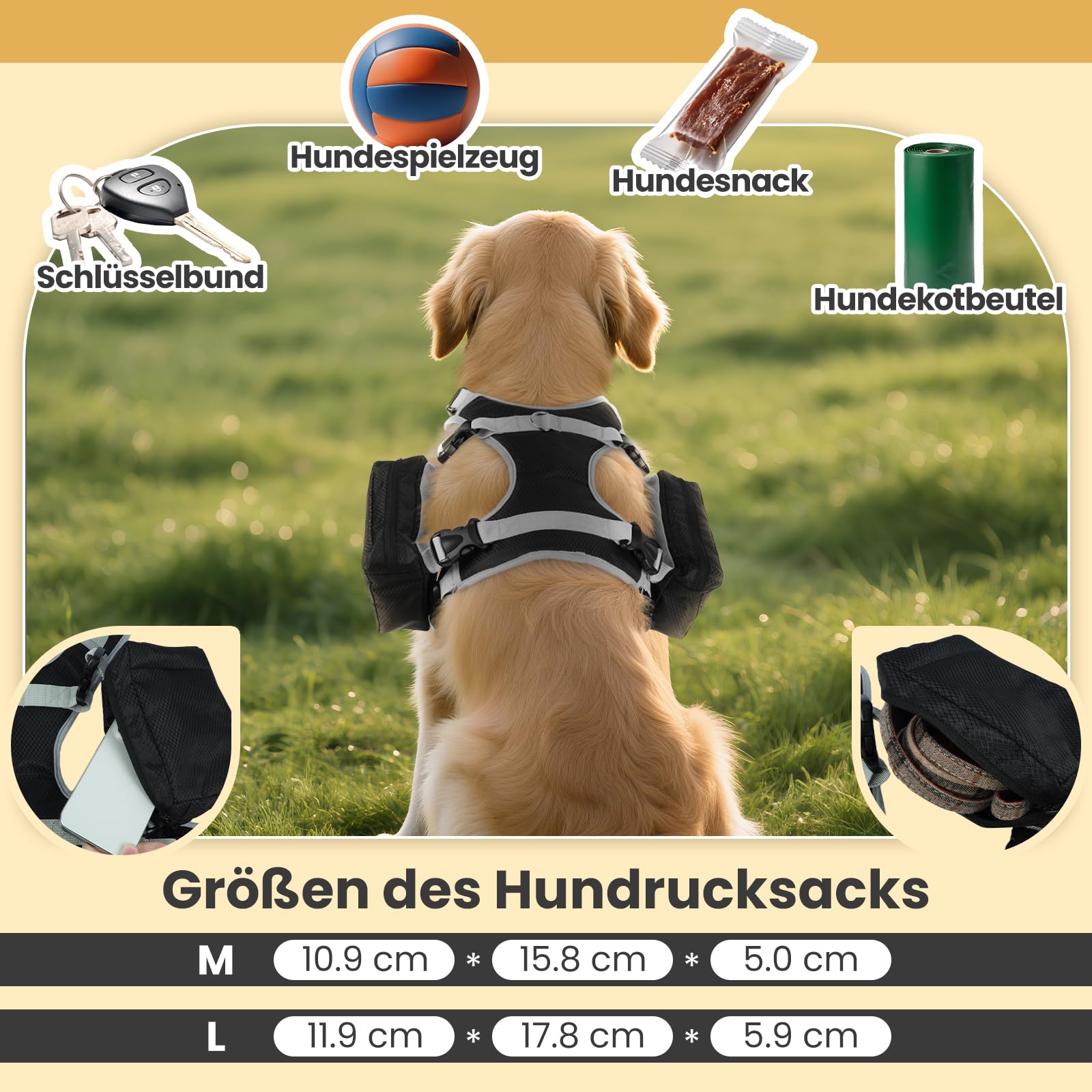 Hundegeschirr mit Rucksack (Abnehmbar) - Wasserdichter Wanderrucksack für Mittel/Große Hunde - Atmungsaktives Mesh, Verstellbar & Robust - Ideal für Labrador, Schäferhund, Camping & Reisen